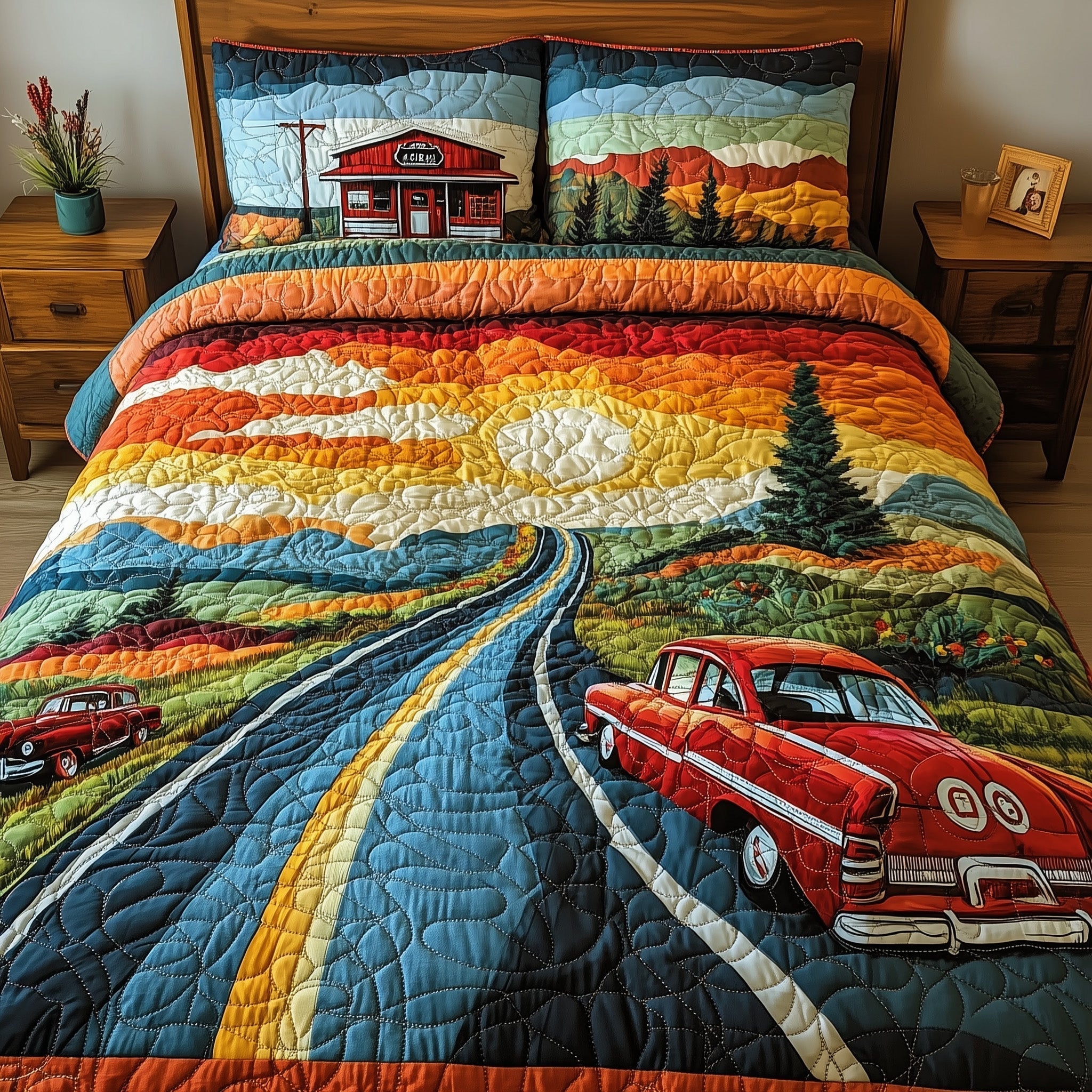 Route 66 Quilted Bedding Set Route 66 Hideaway Gift For Route Fans - Tradiviet