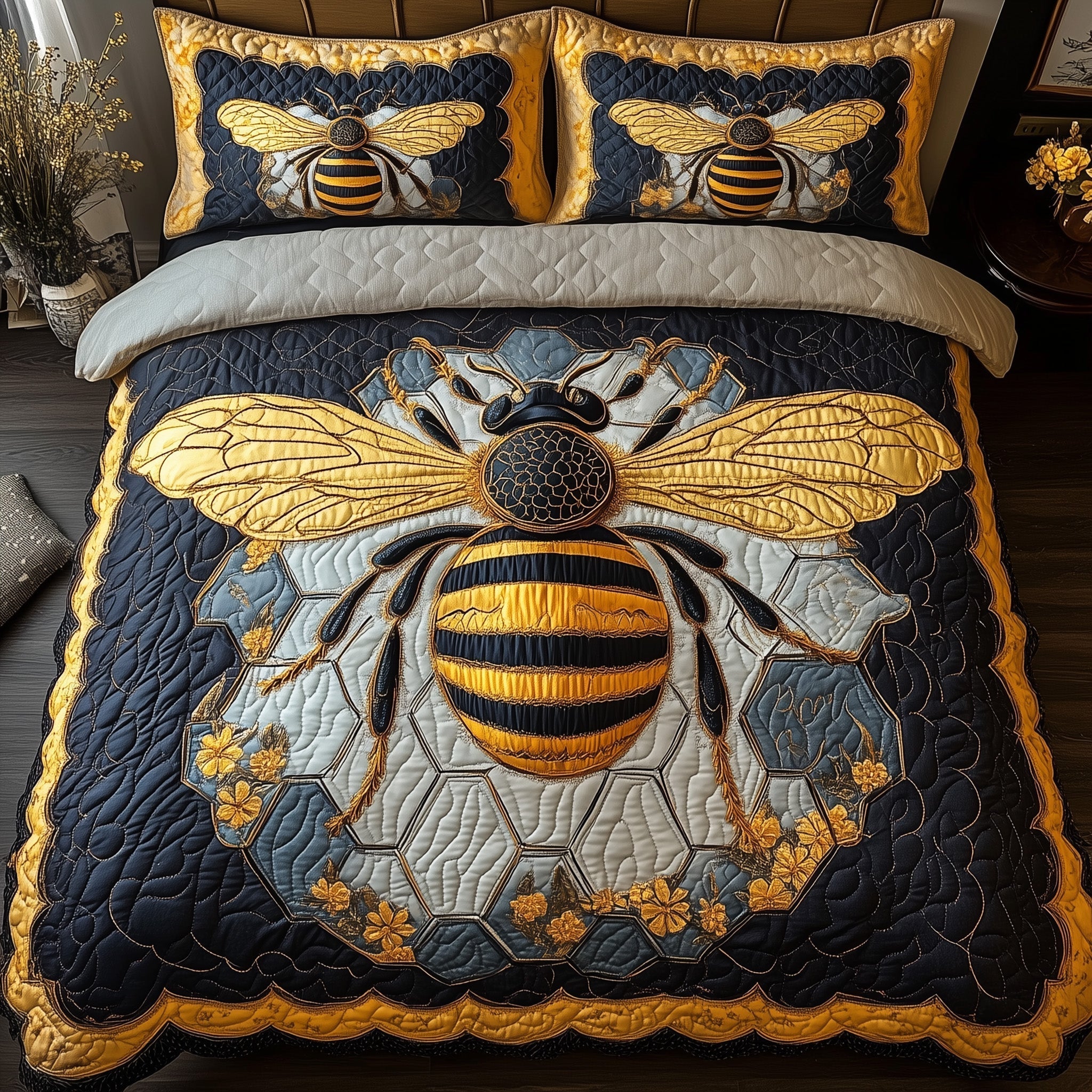Royal Bee Quilted Bedding Set Royal Bee Nest Gift For Royal Friends - Tradiviet