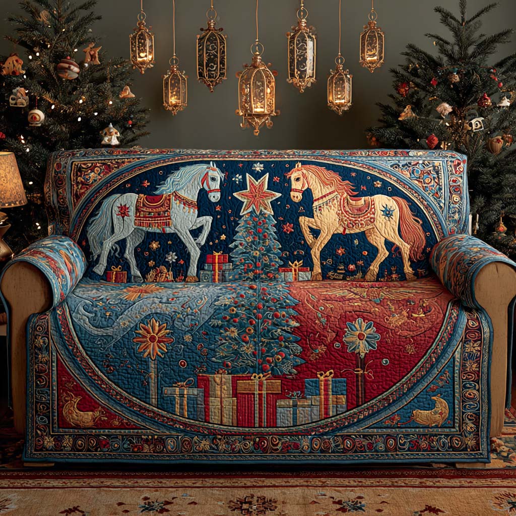 Royal Blue Festive Horses Quilted Sofa Cover Christmas Living Decor Inexpensive Gifts For Horse Lovers - Tradiviet