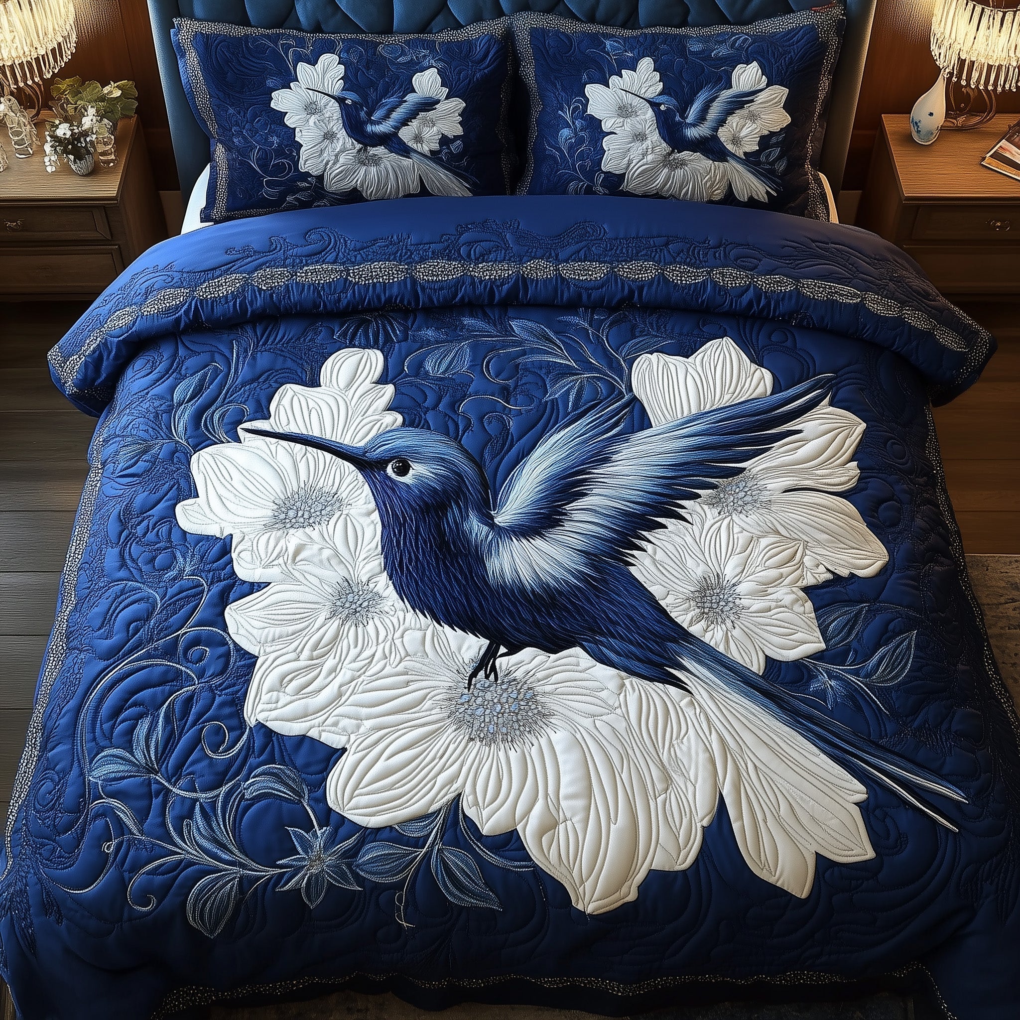 Royal Blue Hummingbird Quilted Bedding Set Royal Blue Stitch Cool Bird Lover Gifts - Tradiviet