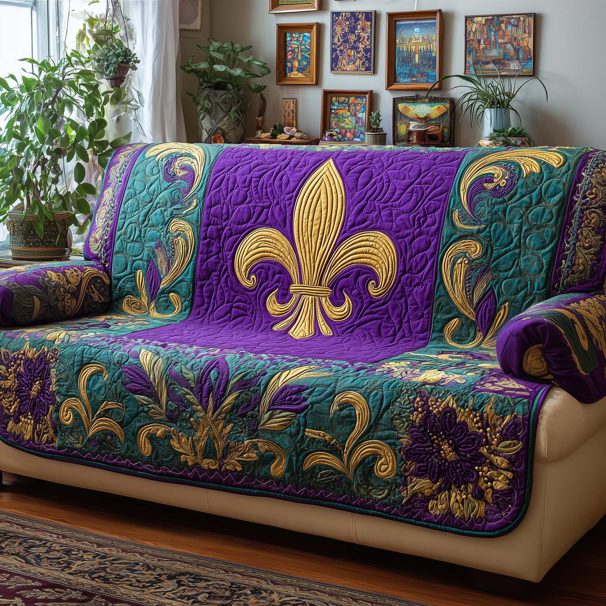 Royal Fleur Quilted Sofa Cover Mardi Gras Couch Cover Best Room Decor Gifts - Tradiviet