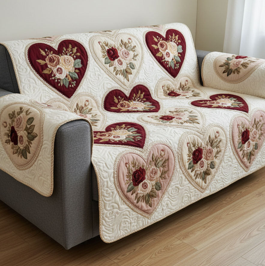 Royal Floral Hearts Quilted Sofa Cover Couch Seat Covers Valentine Day Ideas For Mom - Tradiviet