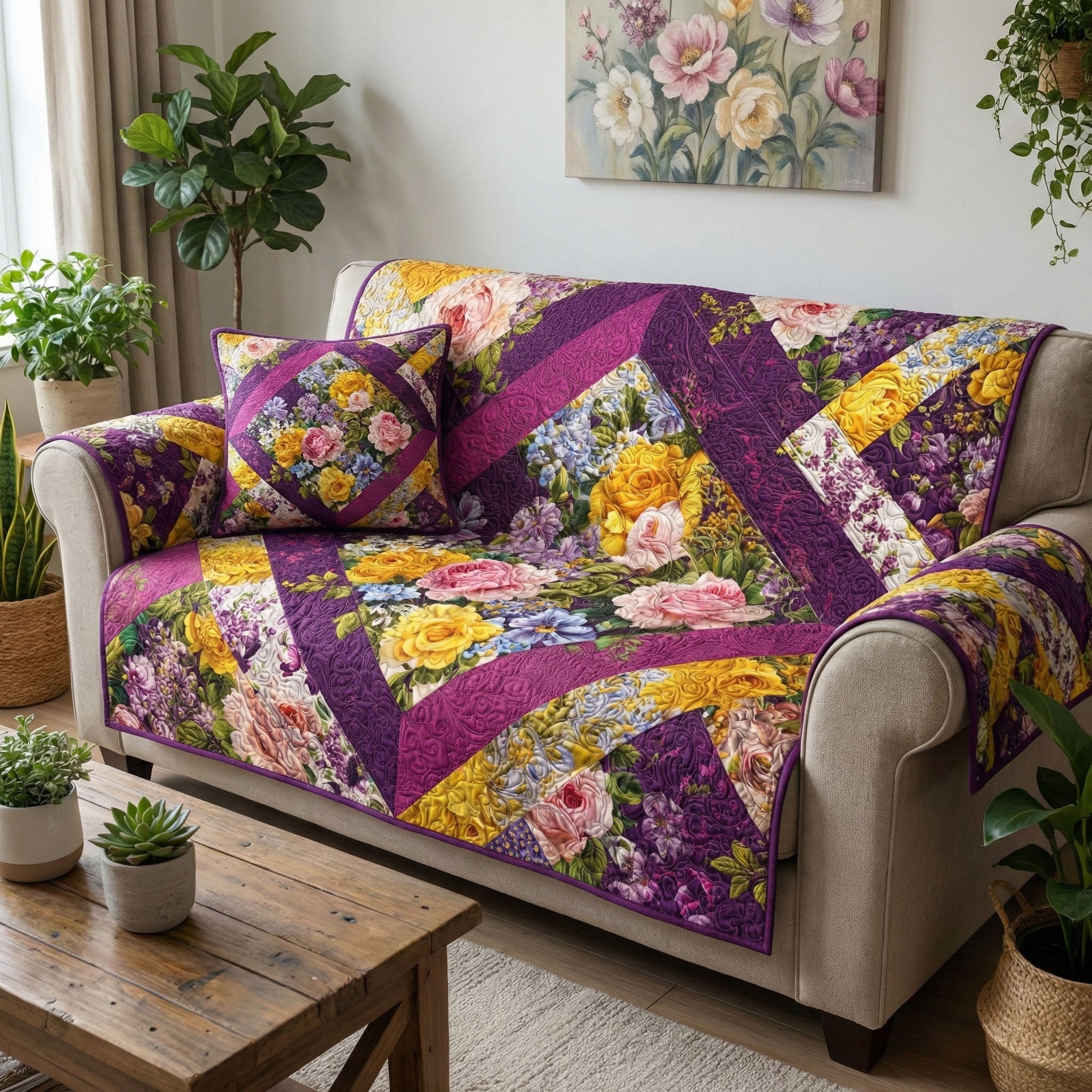 Royal Floral Quilted Sofa Cover Nice Couch Covers Bonus Mom Gifts Mother's Day Ideas - Tradiviet