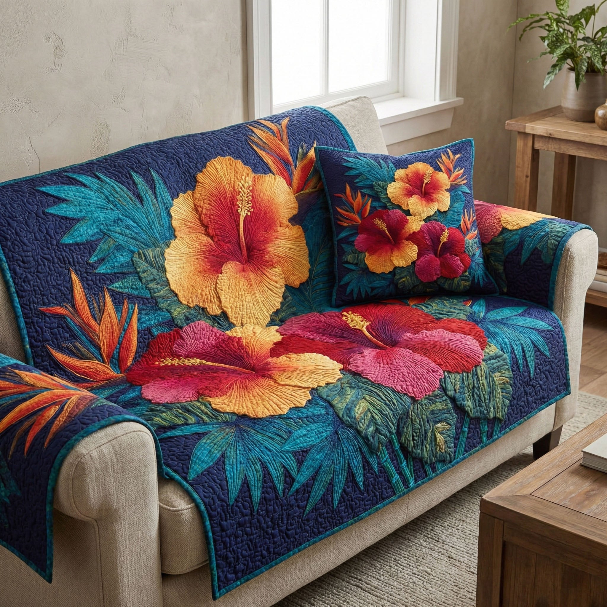 Royal Hibiscus Quilted Sofa Cover Living Room Decor Ideas Special Birthday Gifts For Mom - Tradiviet