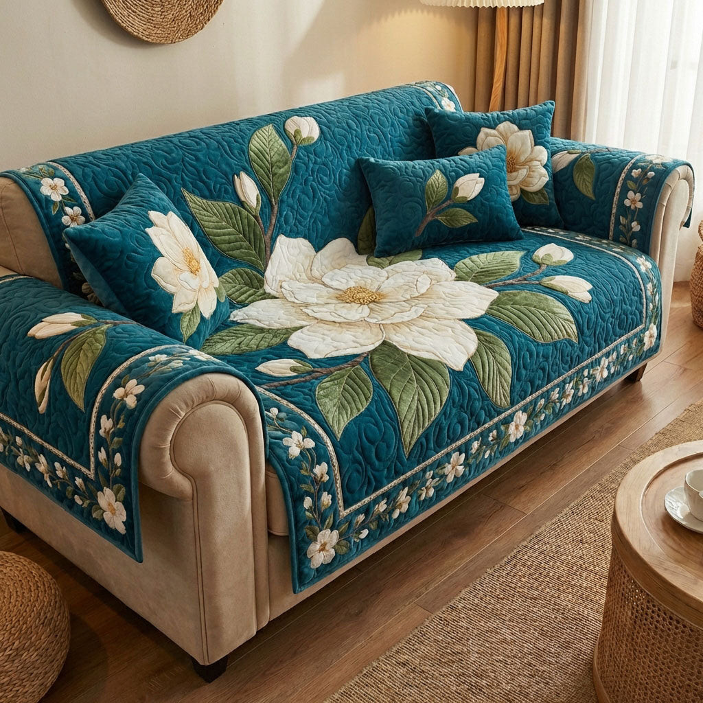 Royal Teal Magnolia Quilted Sofa Cover Furniture Covers For Sofas Good Gifts For Mom Birthday - Tradiviet