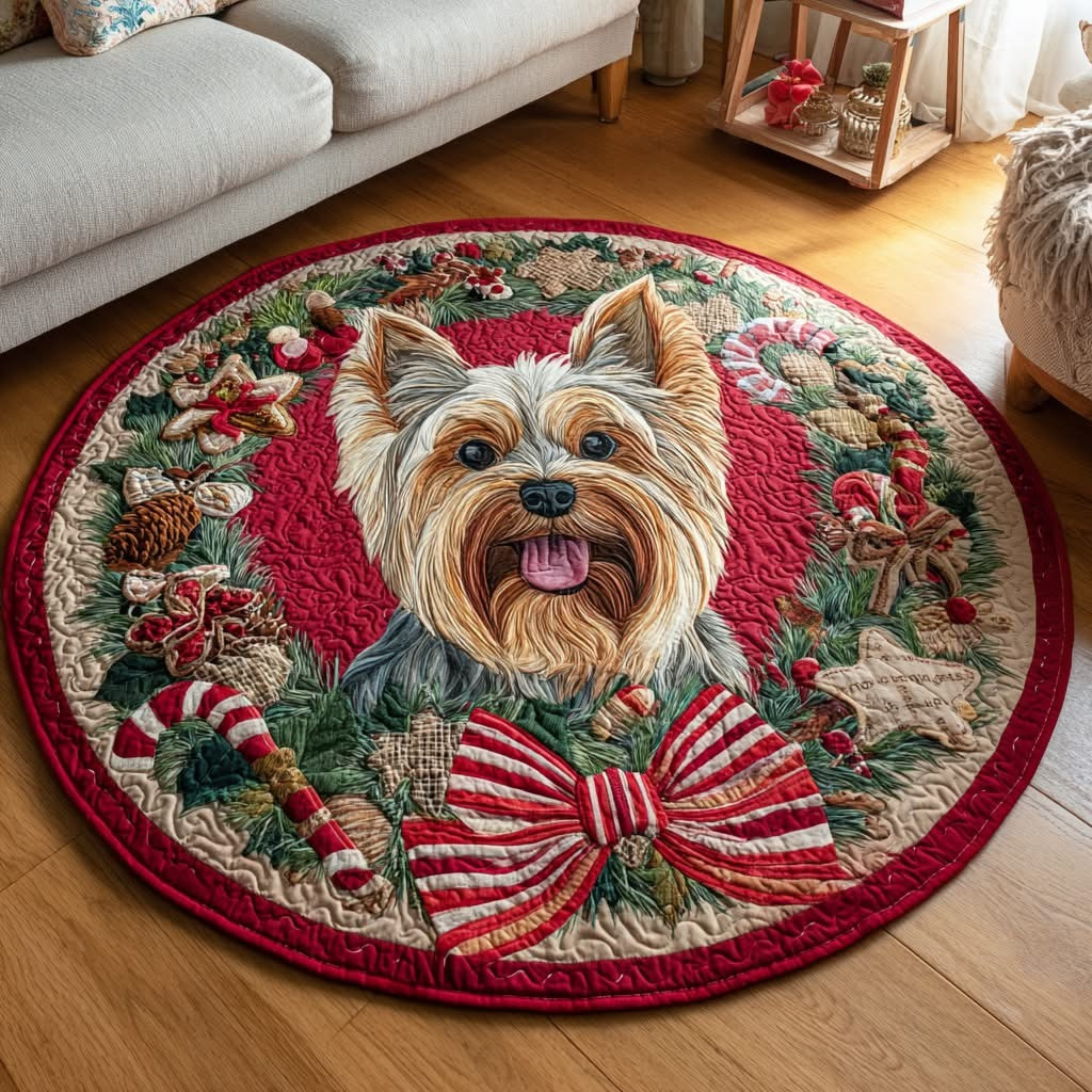 Royal Yorkie Christmas Quilted Round Mat Living Room Gift Ideas For Yorkshire Lovers - Tradiviet