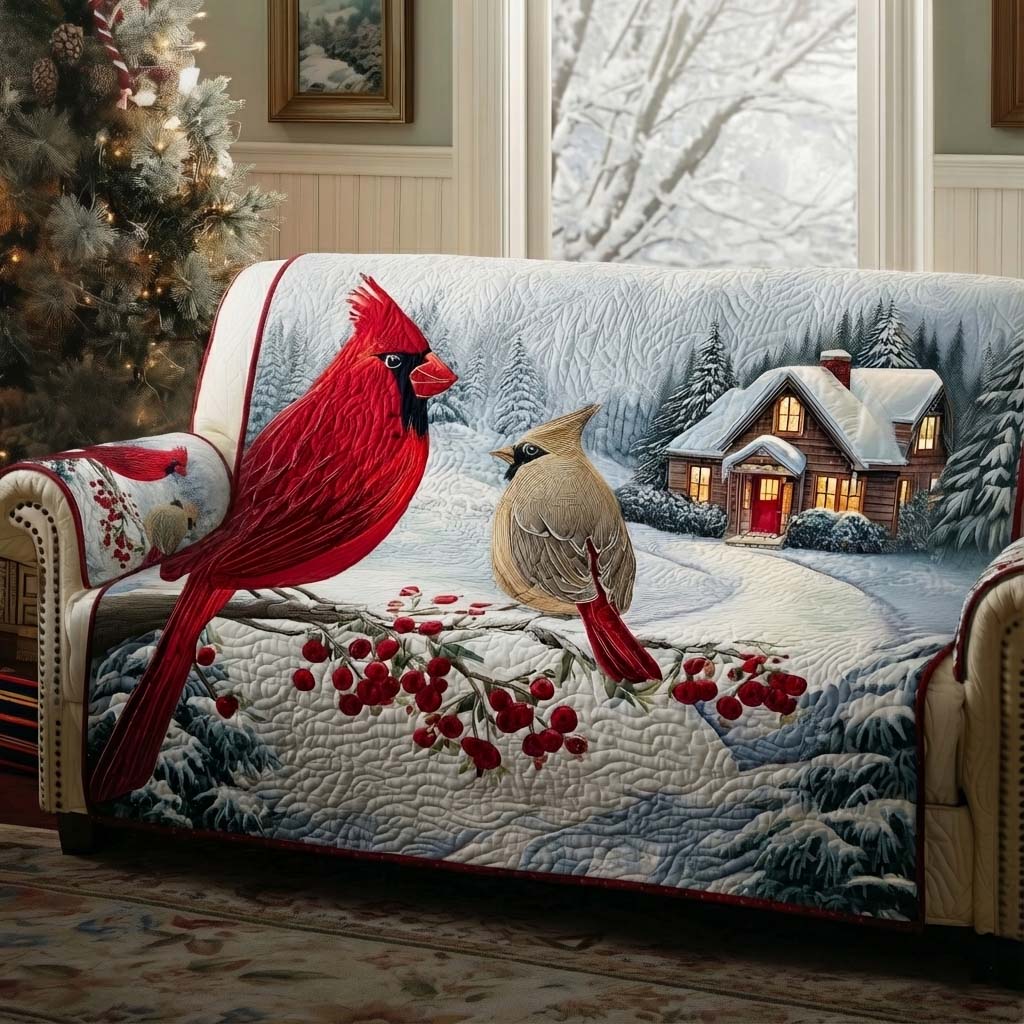 Ruby Cardinal Quilted Sofa Cover Bird Home Couch Cover Cool Room Decor Gifts - Tradiviet