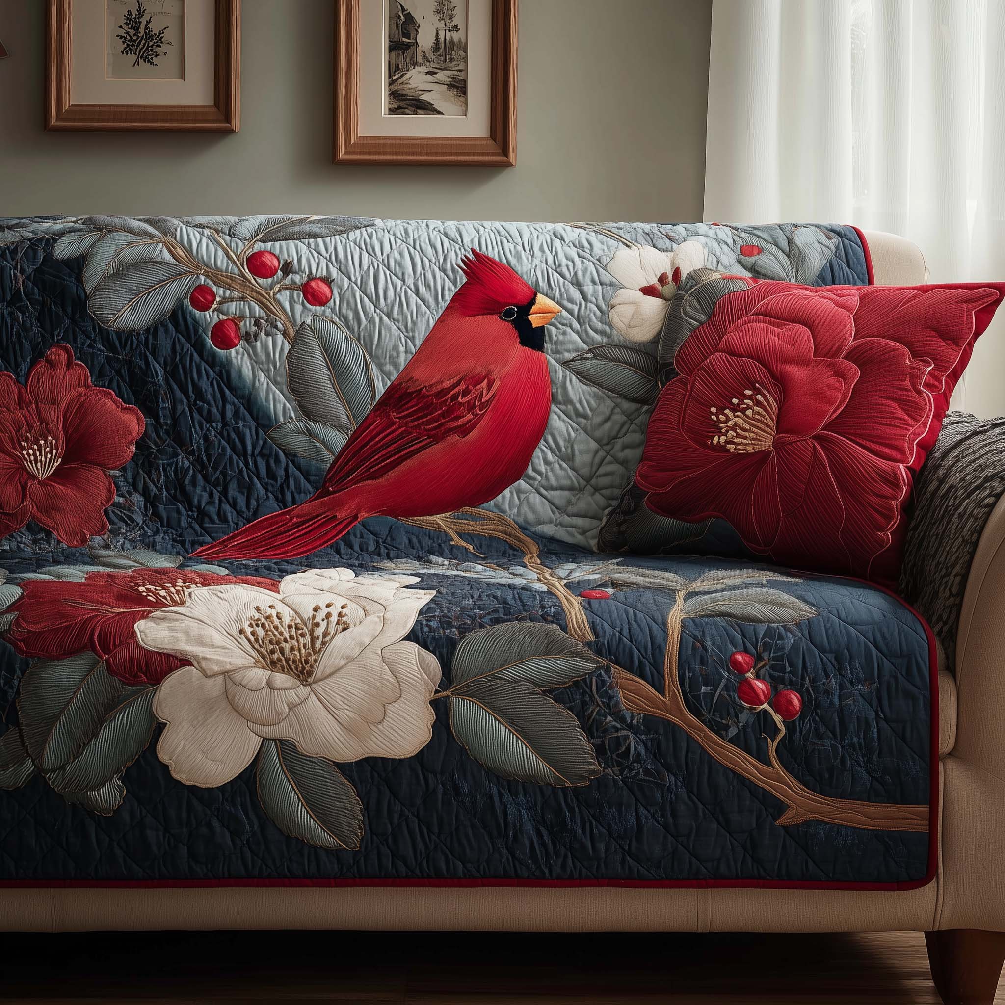 Ruby Cardinal Quilted Sofa Cover Bird Home Couch Cover Gift For Home Lover - Tradiviet