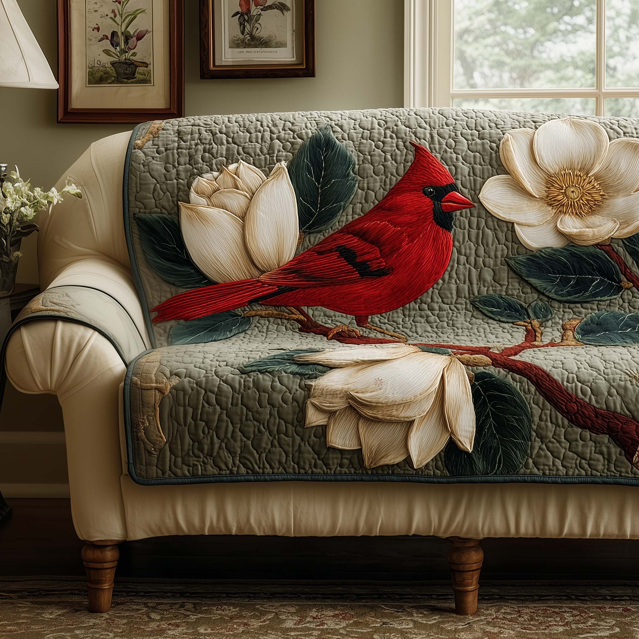 Ruby Cardinal Quilted Sofa Cover Bird Home Couch Cover Gift Ideas For Cat Lovers - Tradiviet