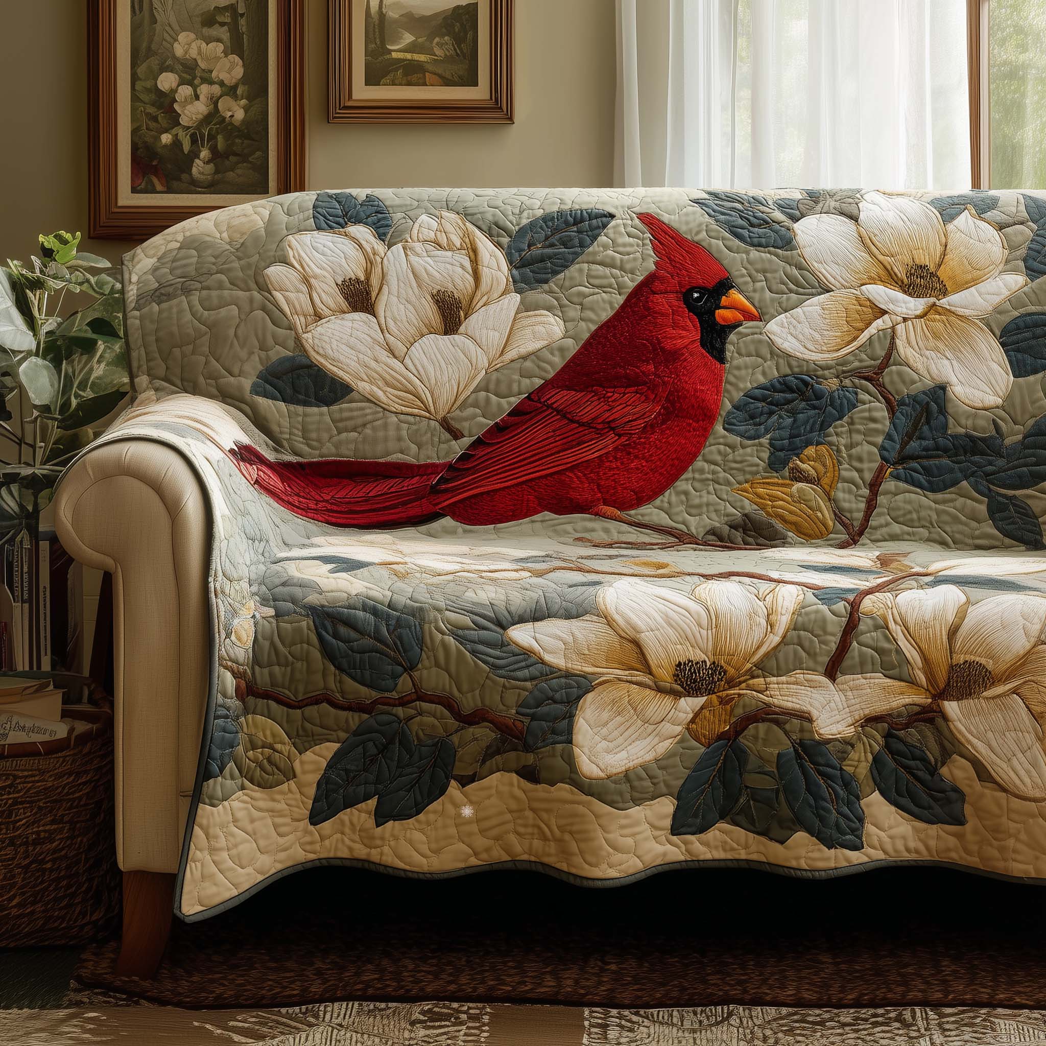 Ruby Cardinal Quilted Sofa Cover Bird Home Couch Cover Trendy Room Decor Gifts - Tradiviet