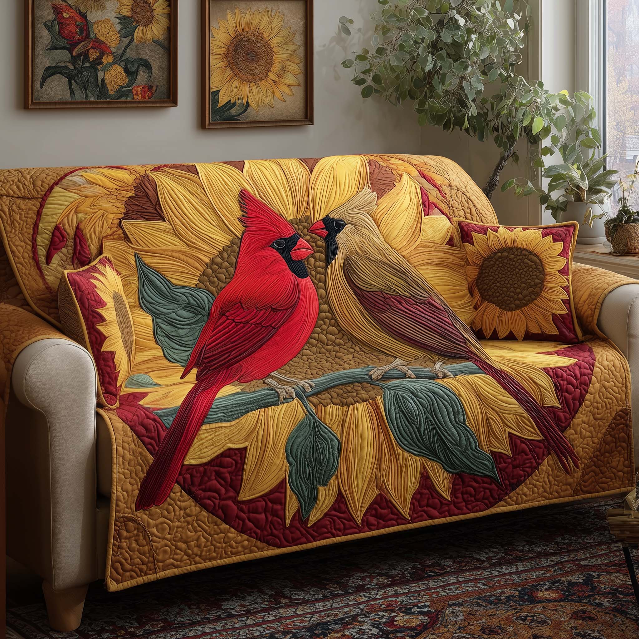 Ruby Cardinal Quilted Sofa Cover Bird Home Couch Cover Unique Home Decor Gifts - Tradiviet
