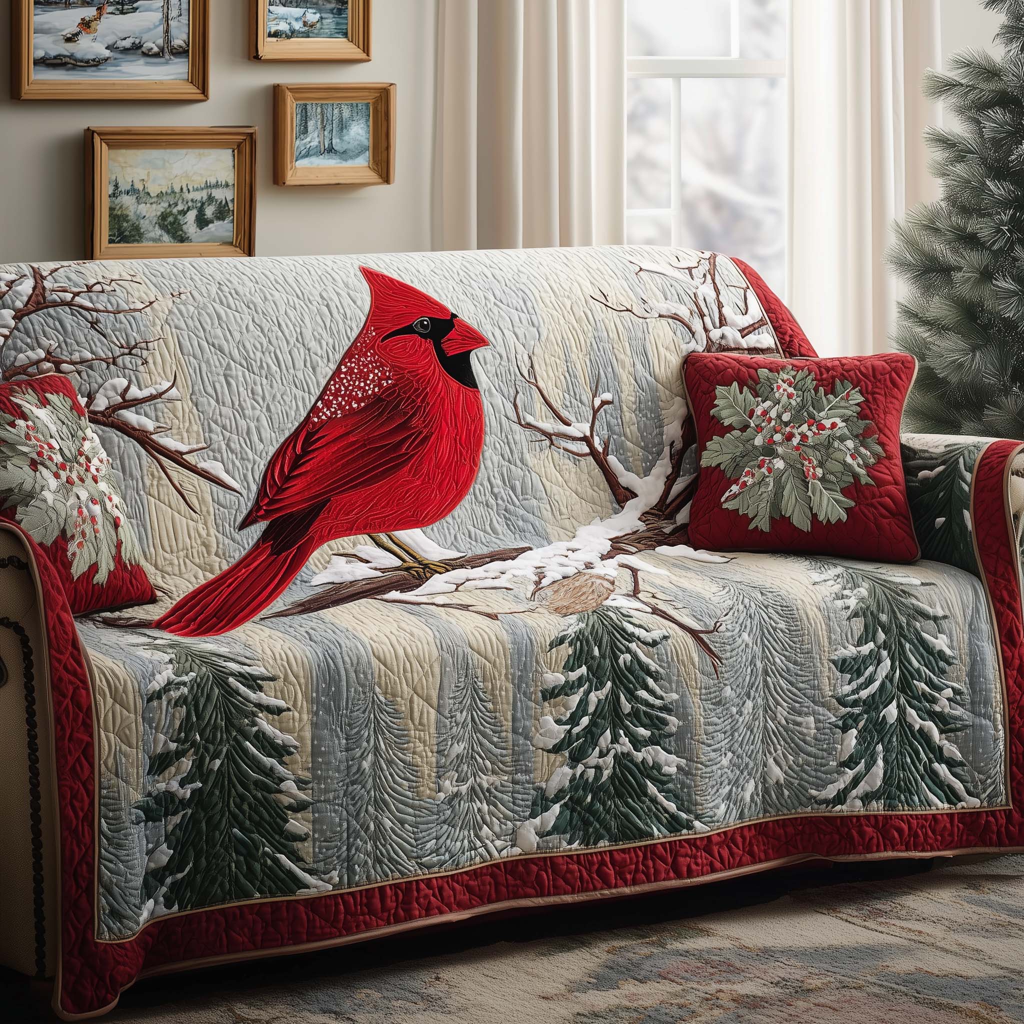 Ruby Cardinal Quilted Sofa Cover Bird Home Couch Cover Unique Room Decor Gifts - Tradiviet