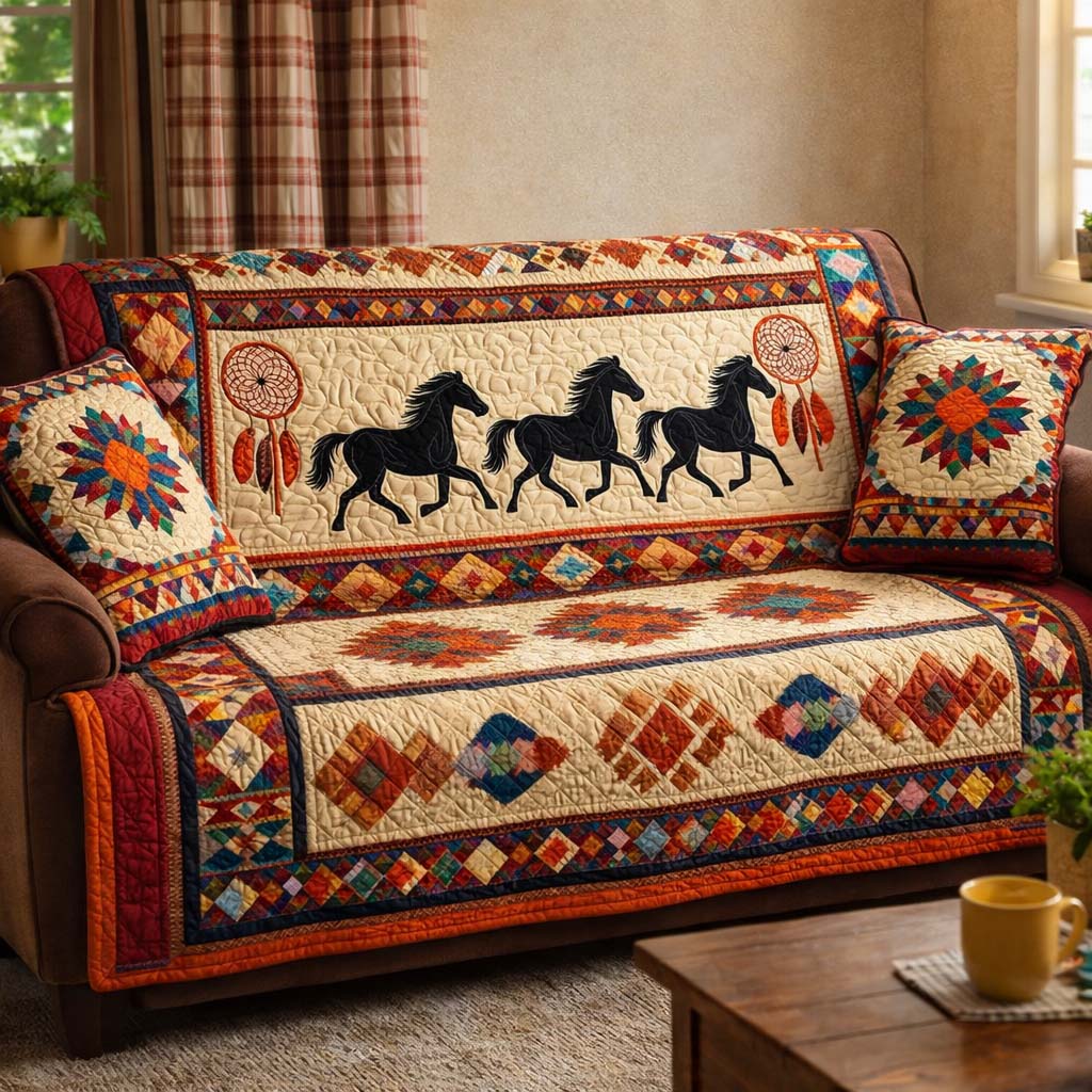 Running Horse Totem Quilted Sofa Cover Western Home Couch Cover Present For Home Lovers - Tradiviet