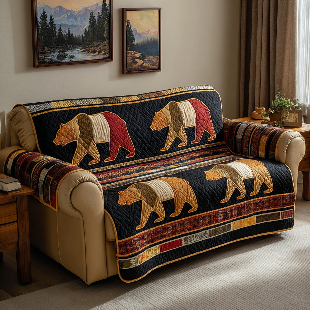 Rust Lodge Bear Quilted Sofa Cover Aesthetic Home Room Decor Bear Gifts For Mom - Tradiviet