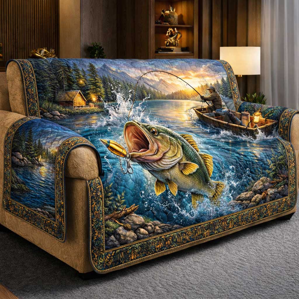 Rustic Angler Quilted Sofa Cover Lakeside Home Couch Cover Cozy Living Gift Ideas - Tradiviet