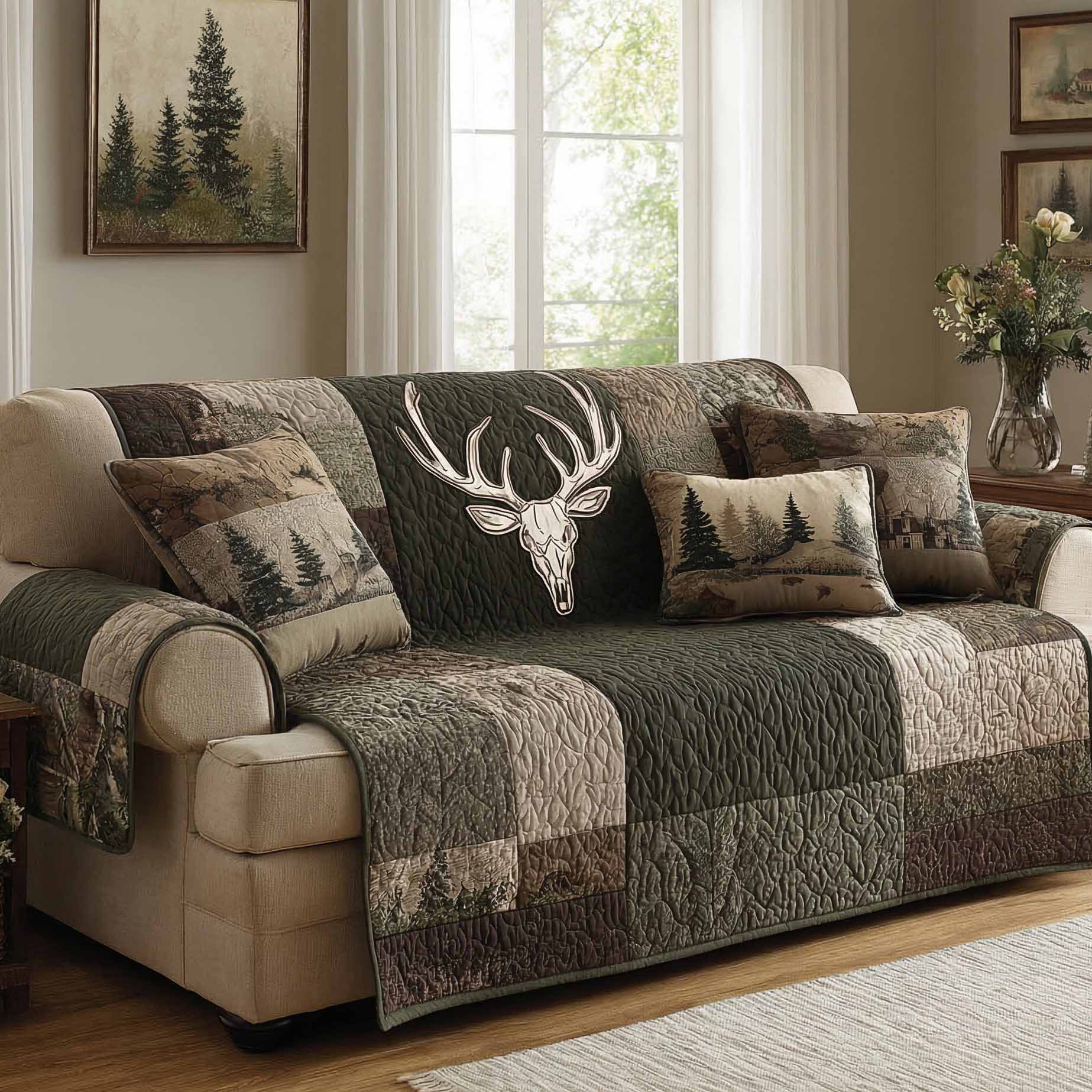Rustic Antler Quilted Sofa Cover Room Decor For Room Present For House Lovers - Tradiviet