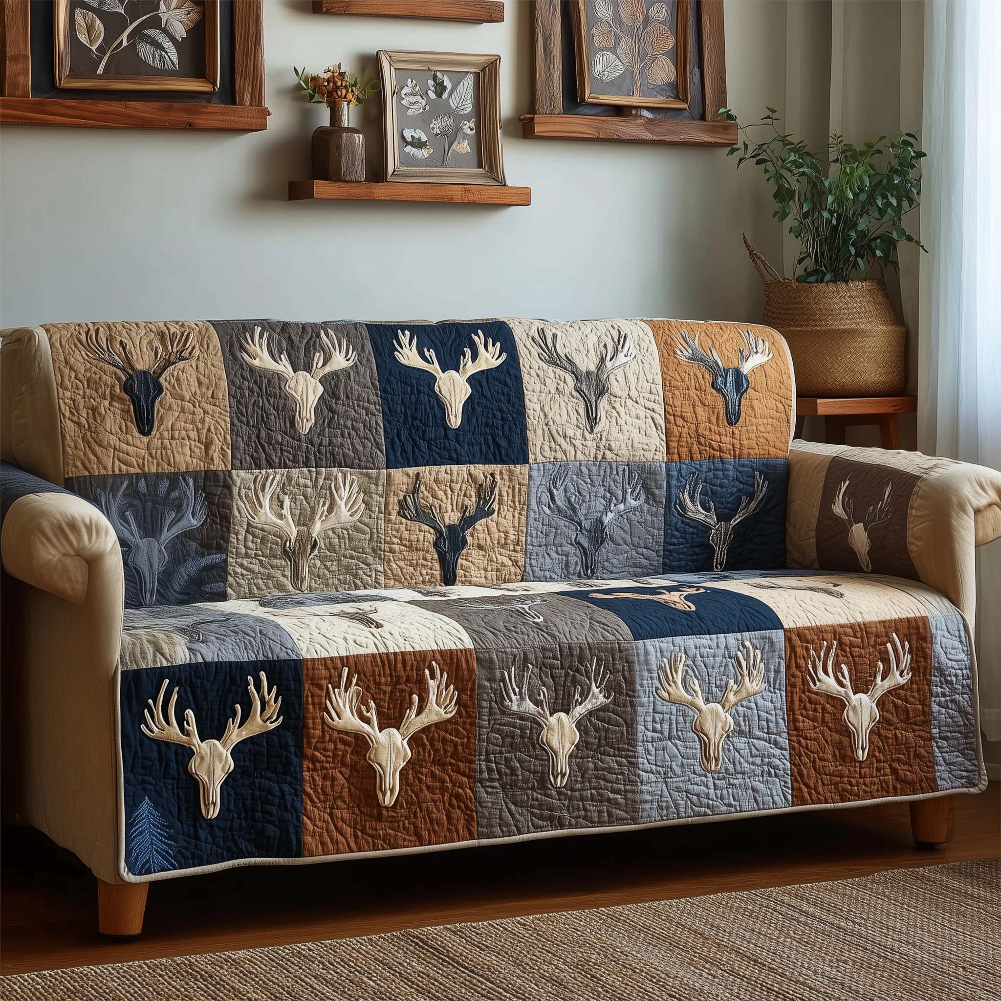 Rustic Antlers Quilted Sofa Cover Wildlife Home Couch Cover New Home Gift Ideas - Tradiviet