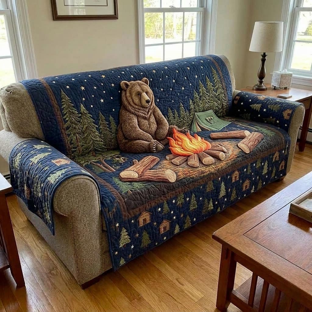 Rustic Bear Quilted Sofa Cover Cabin Home Couch Cover Bear Boyfriend Gift Ideas - Tradiviet