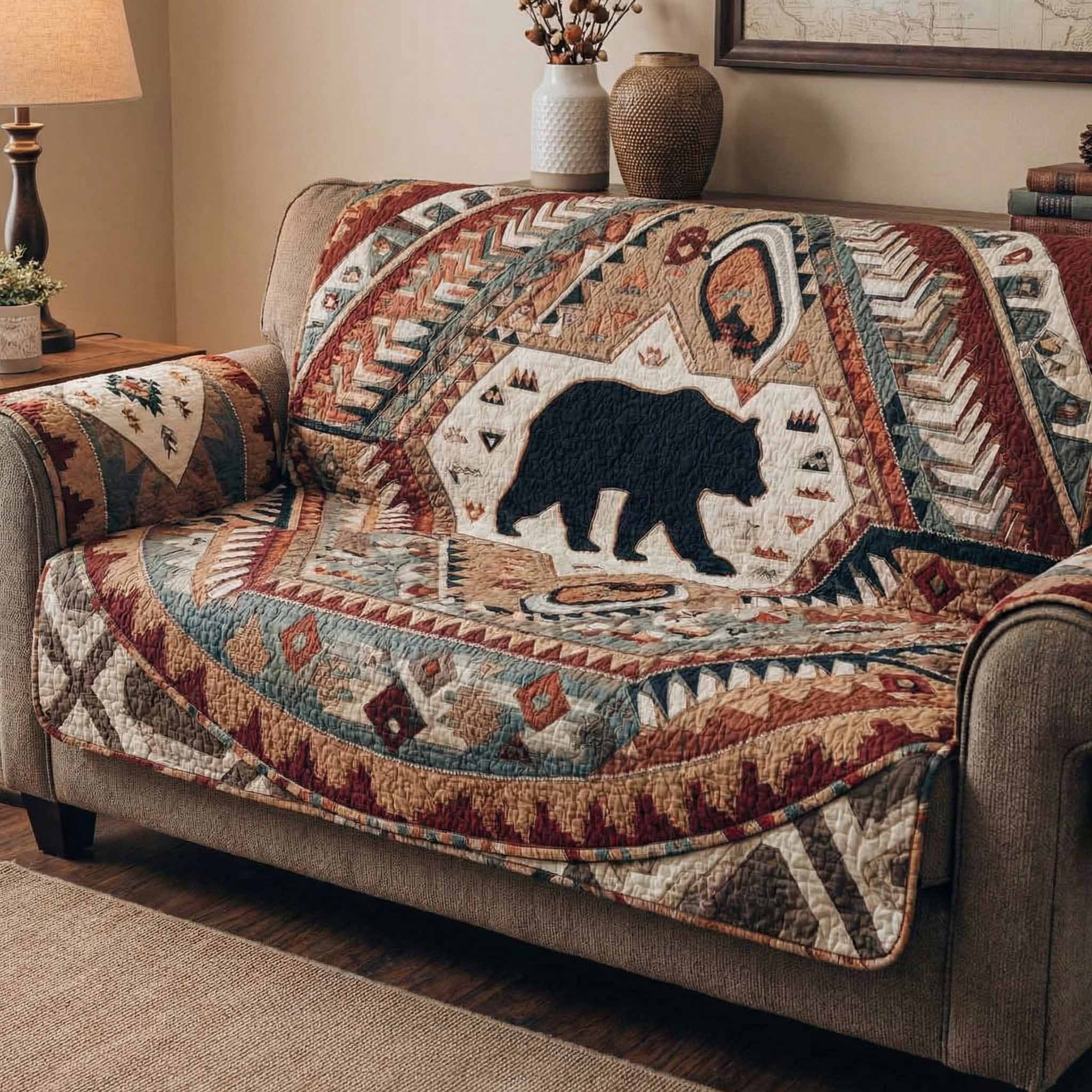 Rustic Bear Quilted Sofa Cover Classic Room Decor Bear Best Friend Gifts - Tradiviet