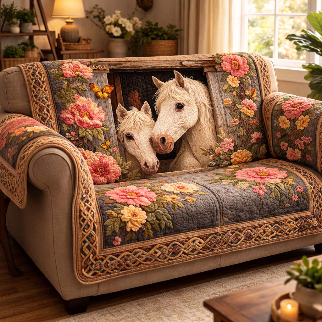 Rustic Blossom Horses Quilted Sofa Cover Western Home Couch Cover Gift For Home Decor - Tradiviet