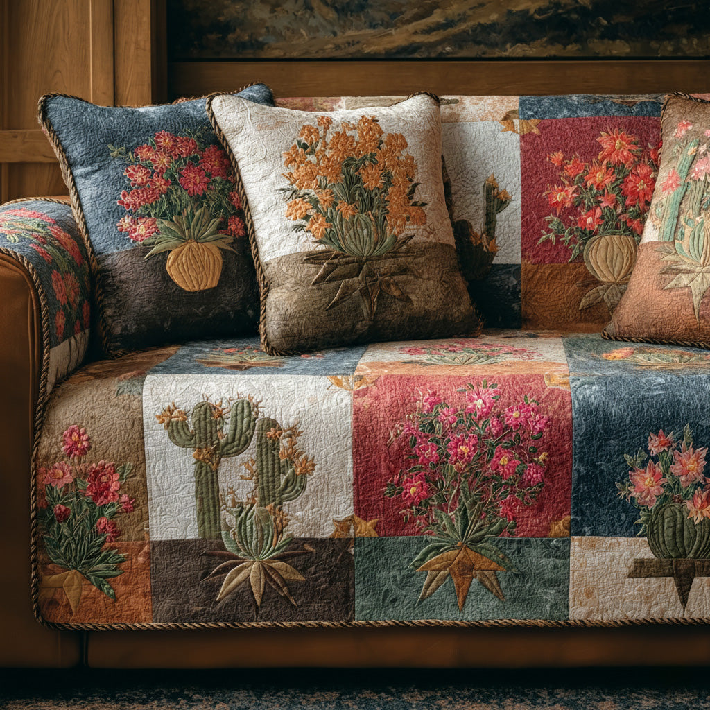 Rustic Cactus Garden Quilted Sofa Cover Room Decor Ideas Present For House Lovers - Tradiviet