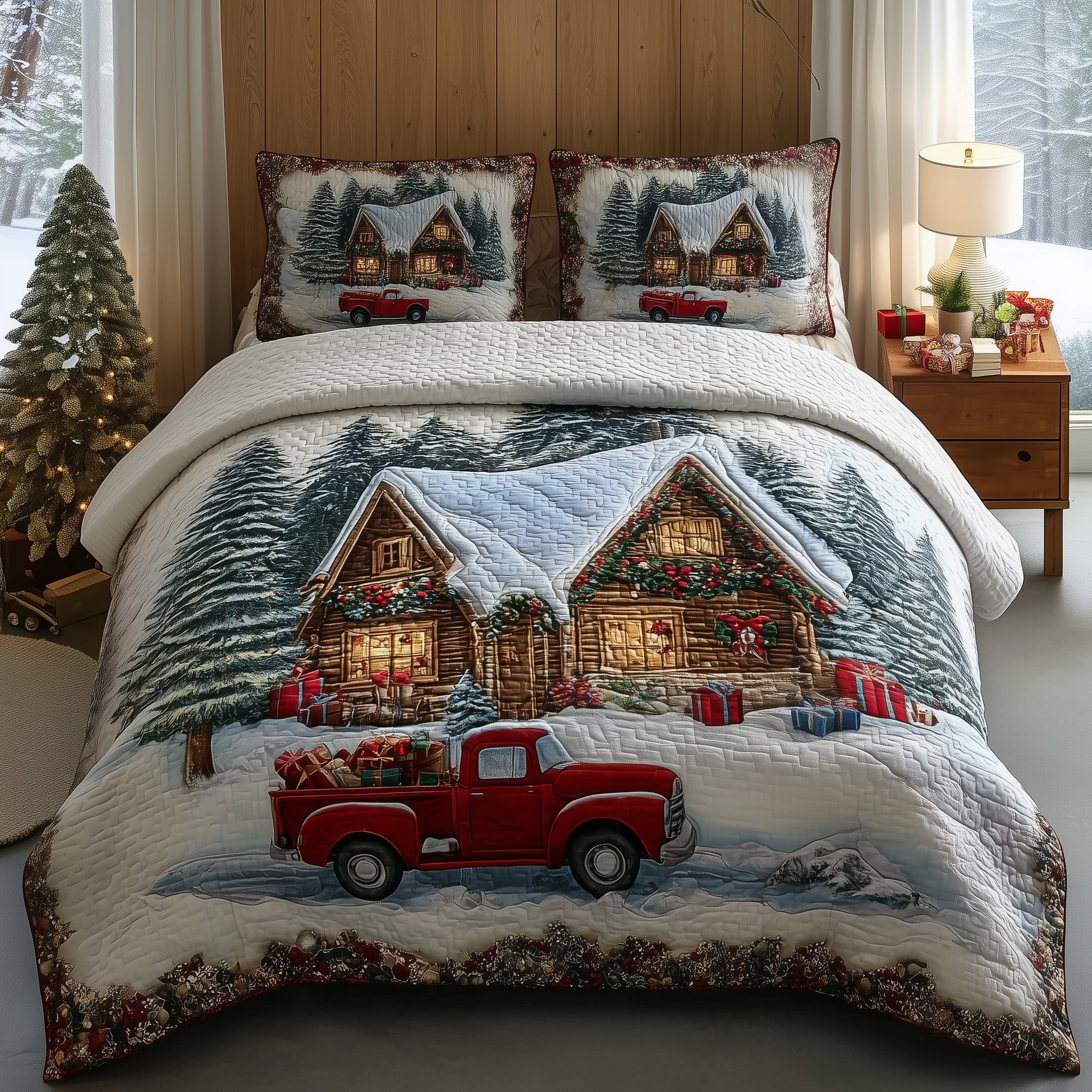 Rustic Christmas Haven Quilted Bedding Set Rustic Christmas Woodland Gift For Christmas - Tradiviet