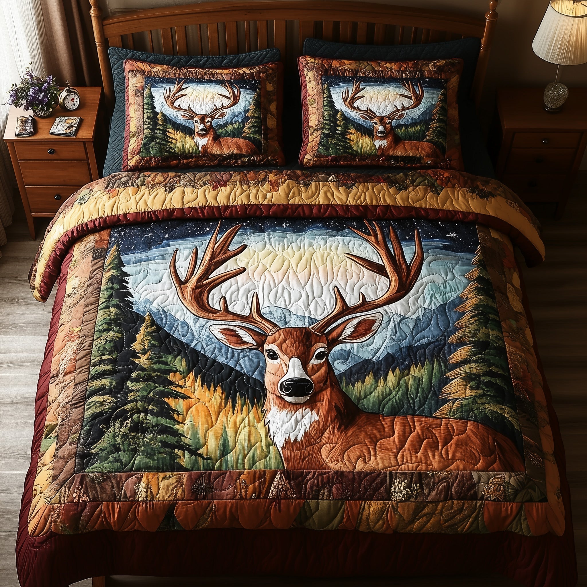 Rustic Deer Quilted Bedding Set Rustic Deer Living Gift For Rustic Husband - Tradiviet