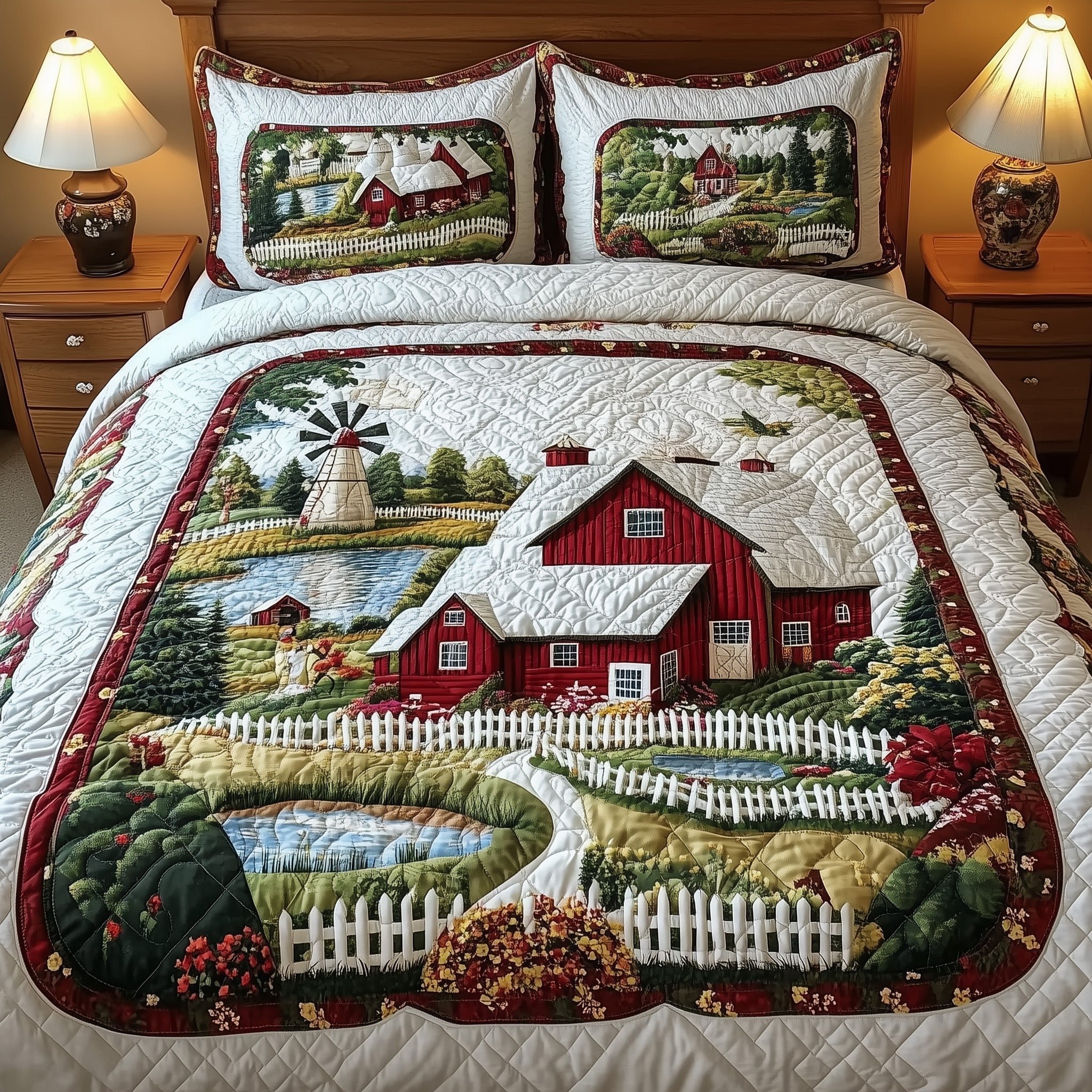 Rustic Farm Scene Quilted Bedding Set Rustic Farm Style Gift For Rustic Farm - Tradiviet