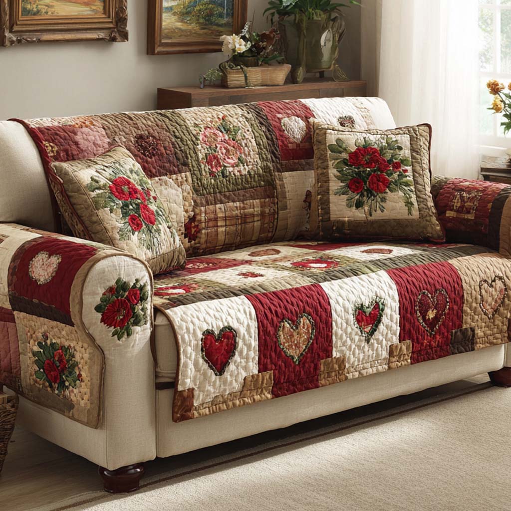 Rustic Farmhouse Heart Quilted Sofa Cover Sofa And Seat Covers Valentine Day Gifts For Grandparents - Tradiviet