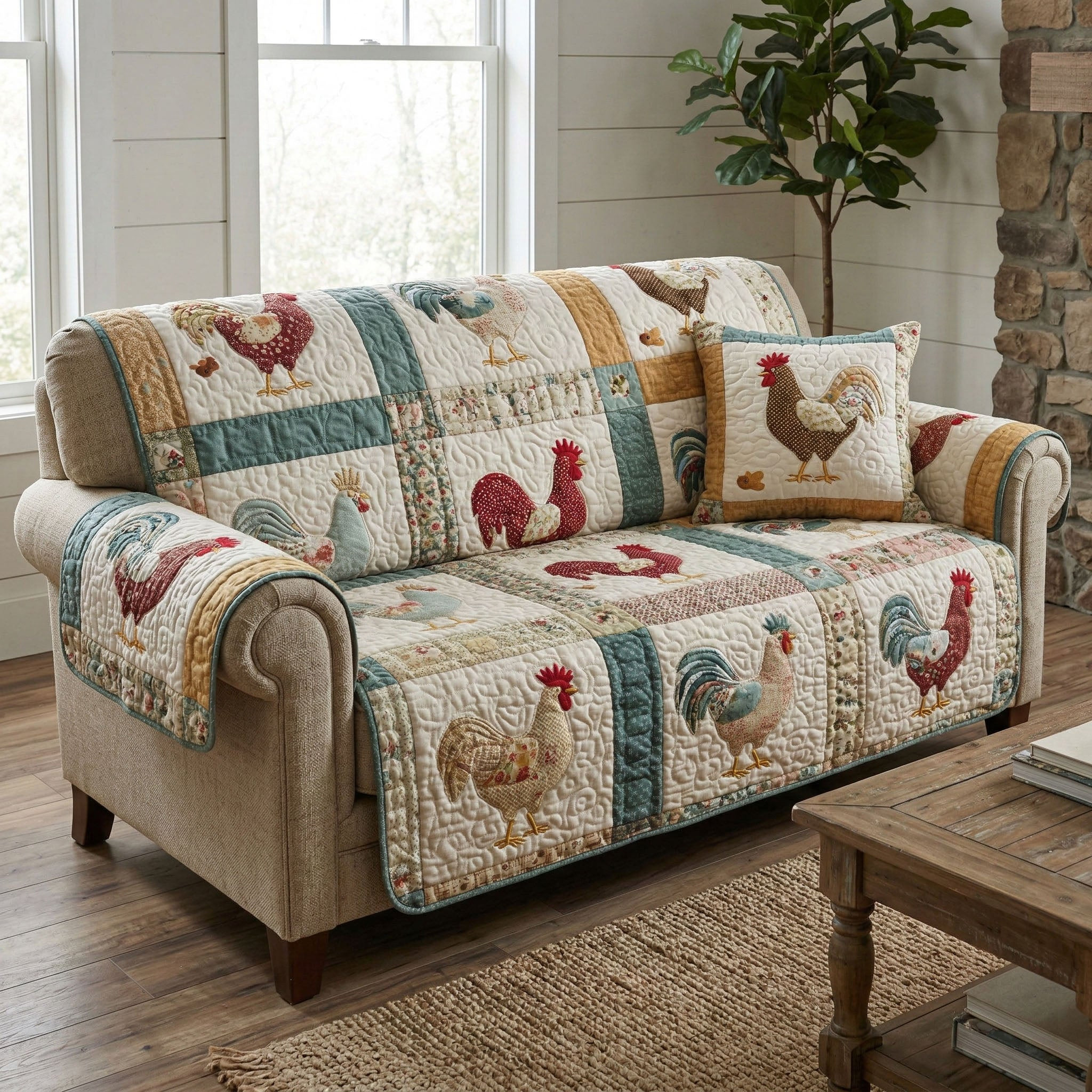 Rustic Farmhouse Quilted Sofa Cover Cool Couch Covers Gifts For People Who Raise Chickens - Tradiviet