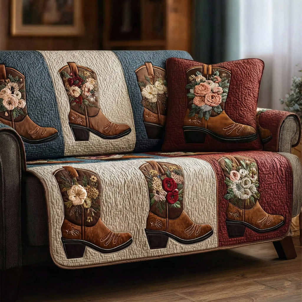 Rustic Floral Boots Quilted Sofa Cover Indoor Home Room Decor Home Gift For Her - Tradiviet