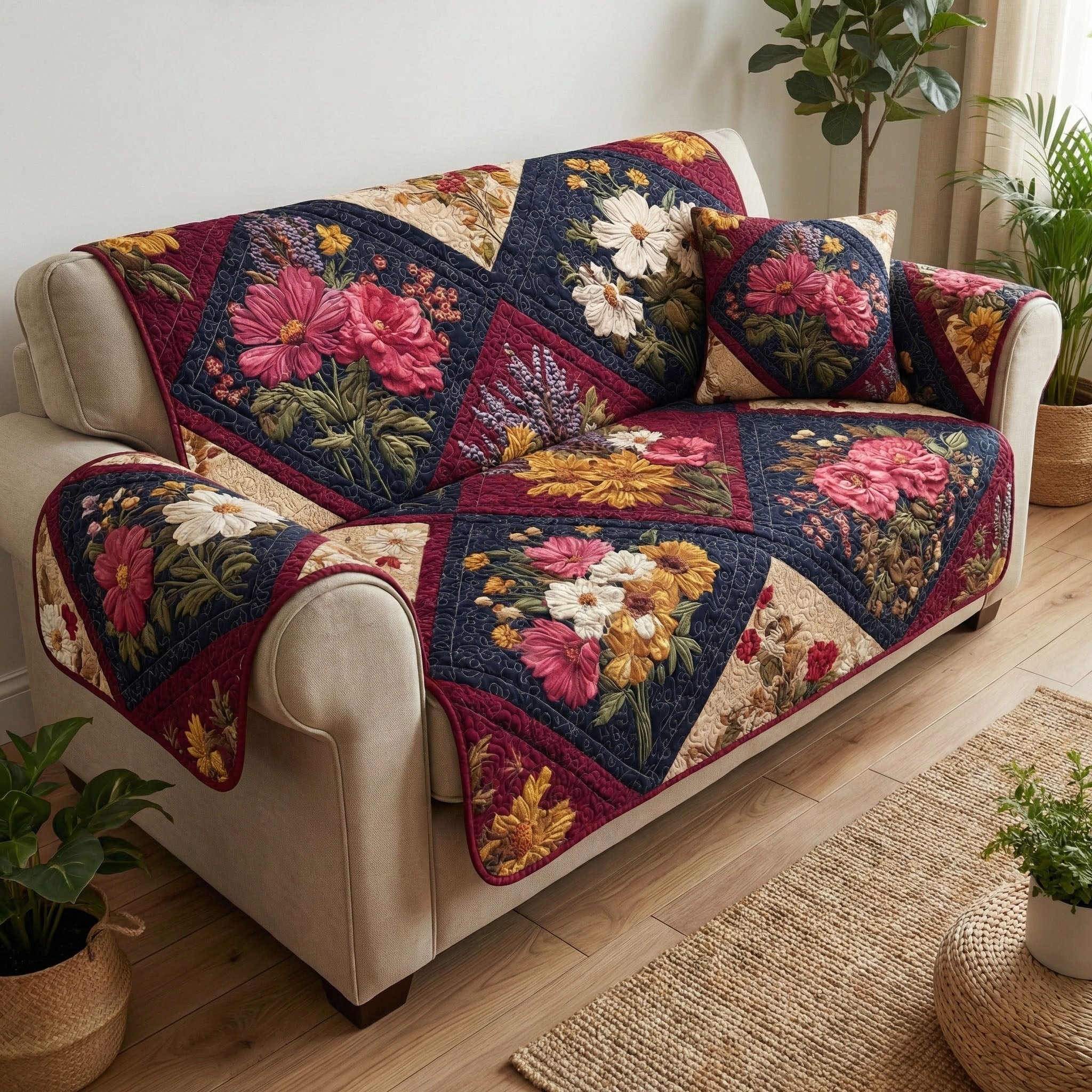Rustic Floral Quilted Sofa Cover Best Slip Cover Sofa Useful Gifts For Mom - Tradiviet