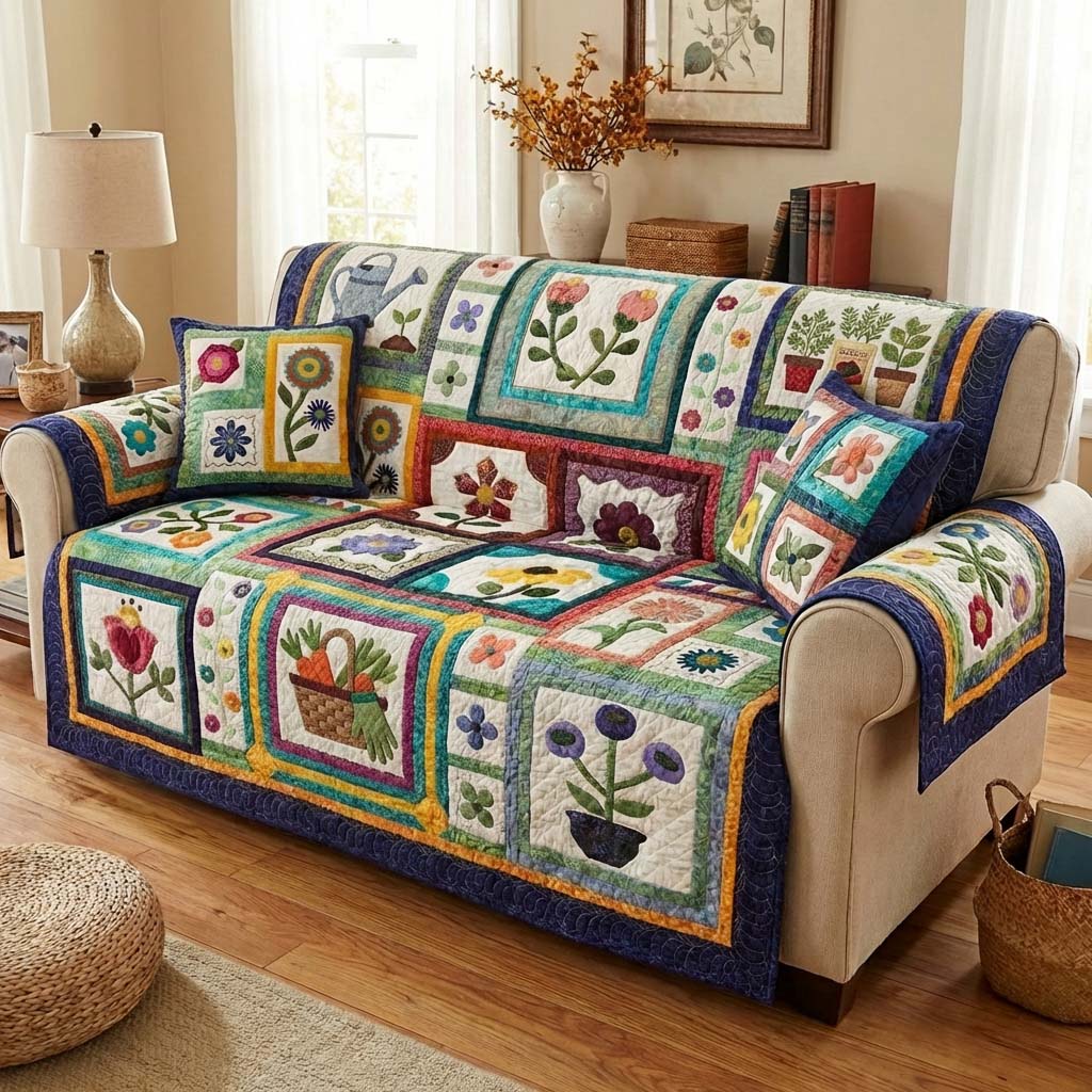 Rustic Gardening Quilted Sofa Cover Home Room Decor Cozy Housewarming Gift Ideas - Tradiviet