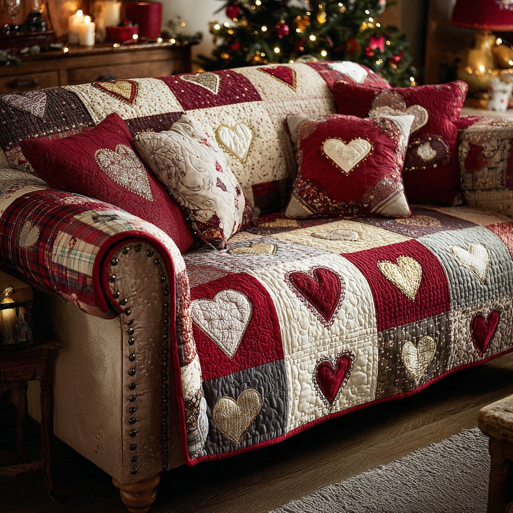 Rustic Heart Christmas Quilted Sofa Cover Christmas Sofa Cover Family Christmas Gifts - Tradiviet