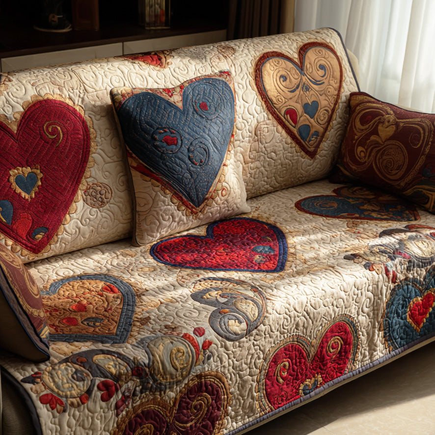 Rustic Heart Quilted Sofa Cover Boho Room Decor Present For House Lovers - Tradiviet