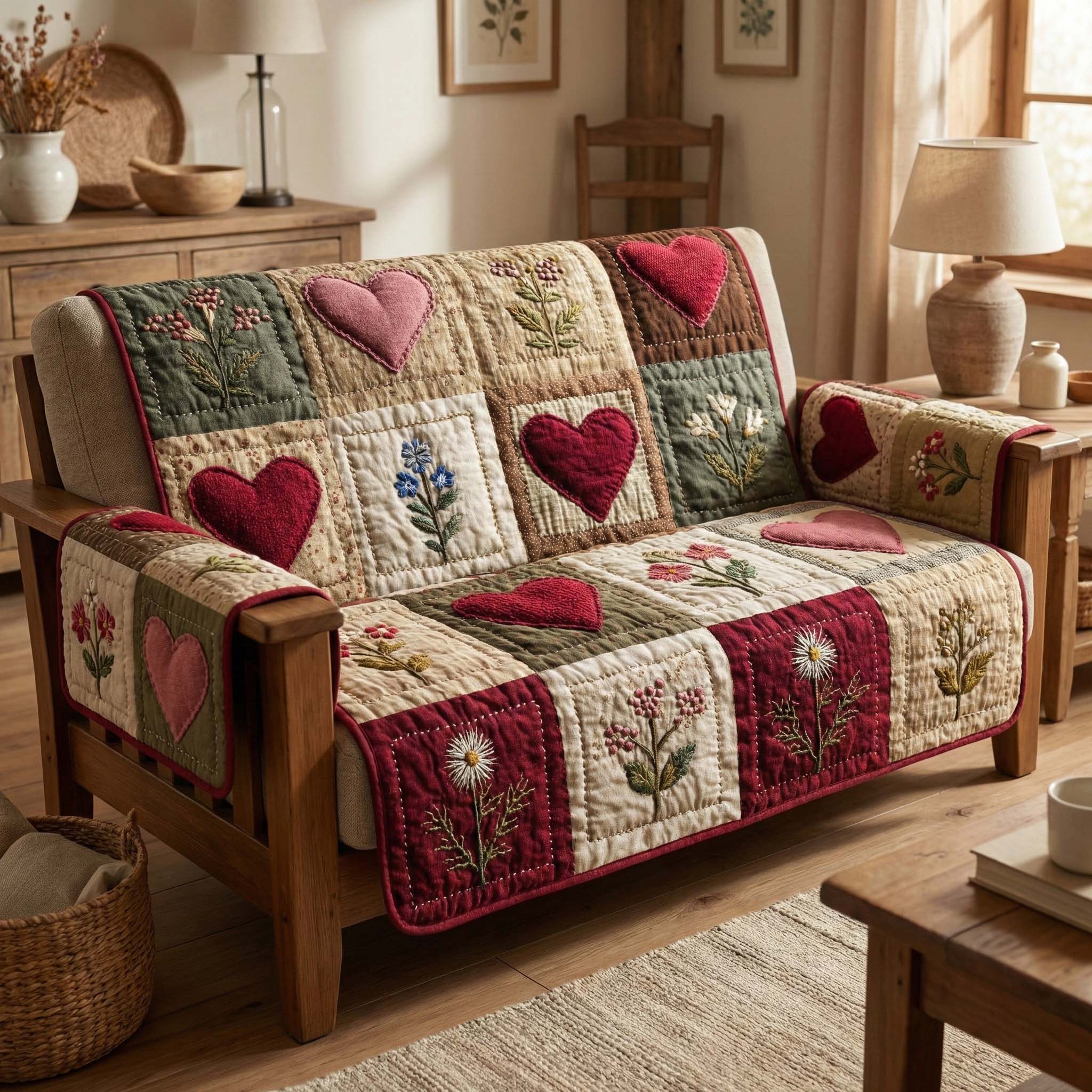 Rustic Hearts Quilted Sofa Cover Rustic Home Couch Cover Gift Ideas For Cat Lovers - Tradiviet