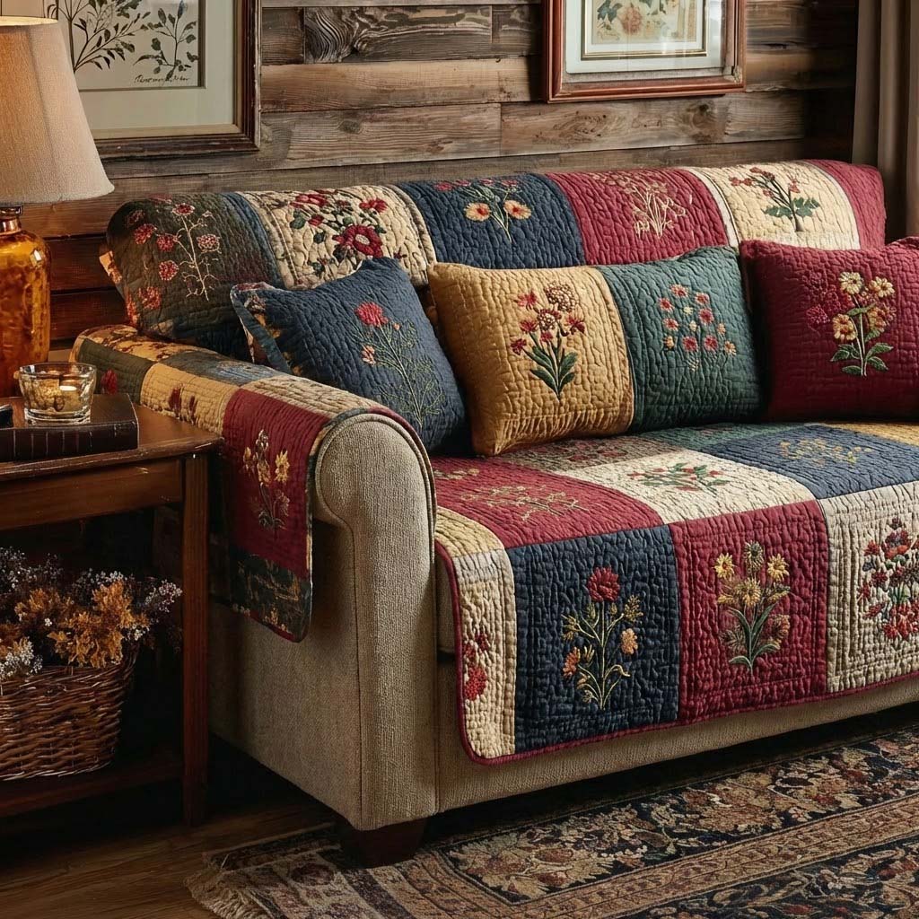 Rustic Meadow Mosaic Quilted Sofa Cover Indoor Room Decor Gift For Home Decorators - Tradiviet