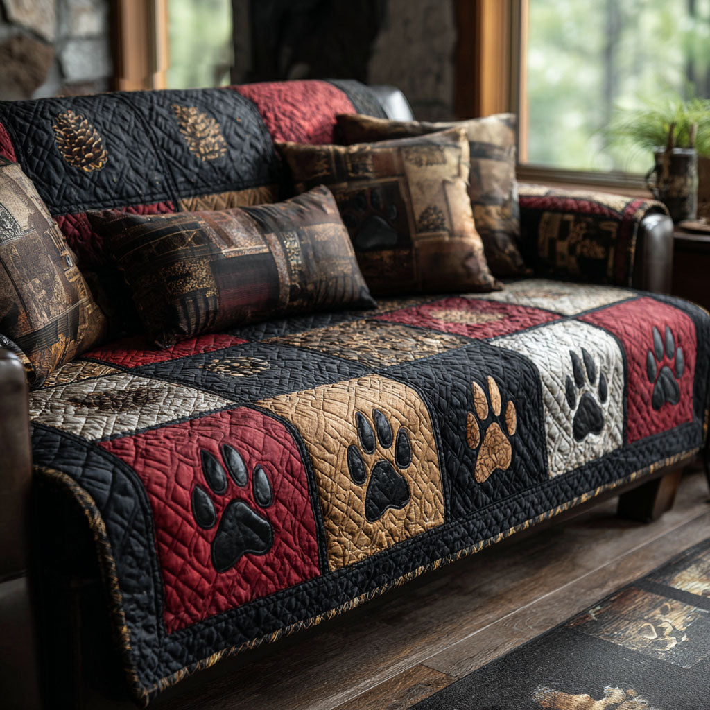 Rustic Paw Trail Quilted Sofa Cover Natural Room Decor Cozy Home Decor Gifts - Tradiviet