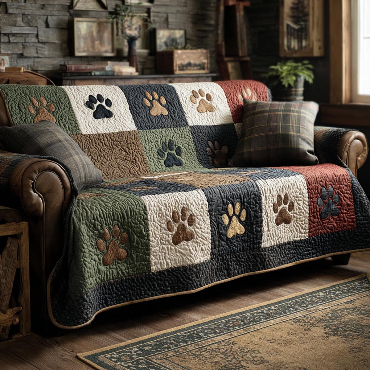 Rustic Paws Quilted Sofa Cover Unique Home Room Decor Interior Design Gift Ideas - Tradiviet