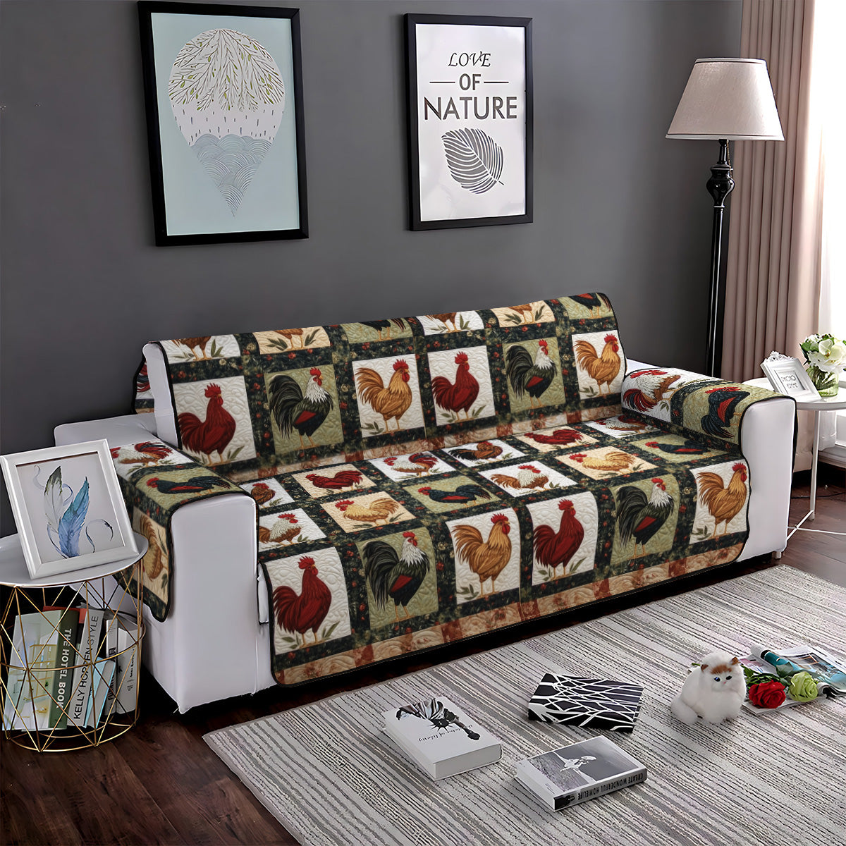 Rustic Rooster Quilt Quilted Sofa Cover Boho Room Decor Present For House Lovers - Tradiviet