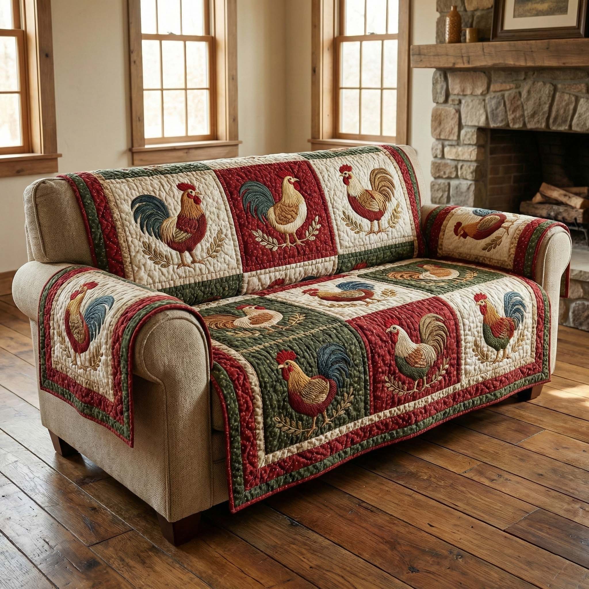 Rustic Roosters Quilted Sofa Cover Farmhouse Home Couch Cover Cozy Housewarming Gift Ideas - Tradiviet