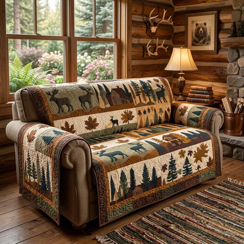 Rustic Wildlife Quilted Sofa Cover Simple Room Decor Cozy Housewarming Gift Ideas - Tradiviet