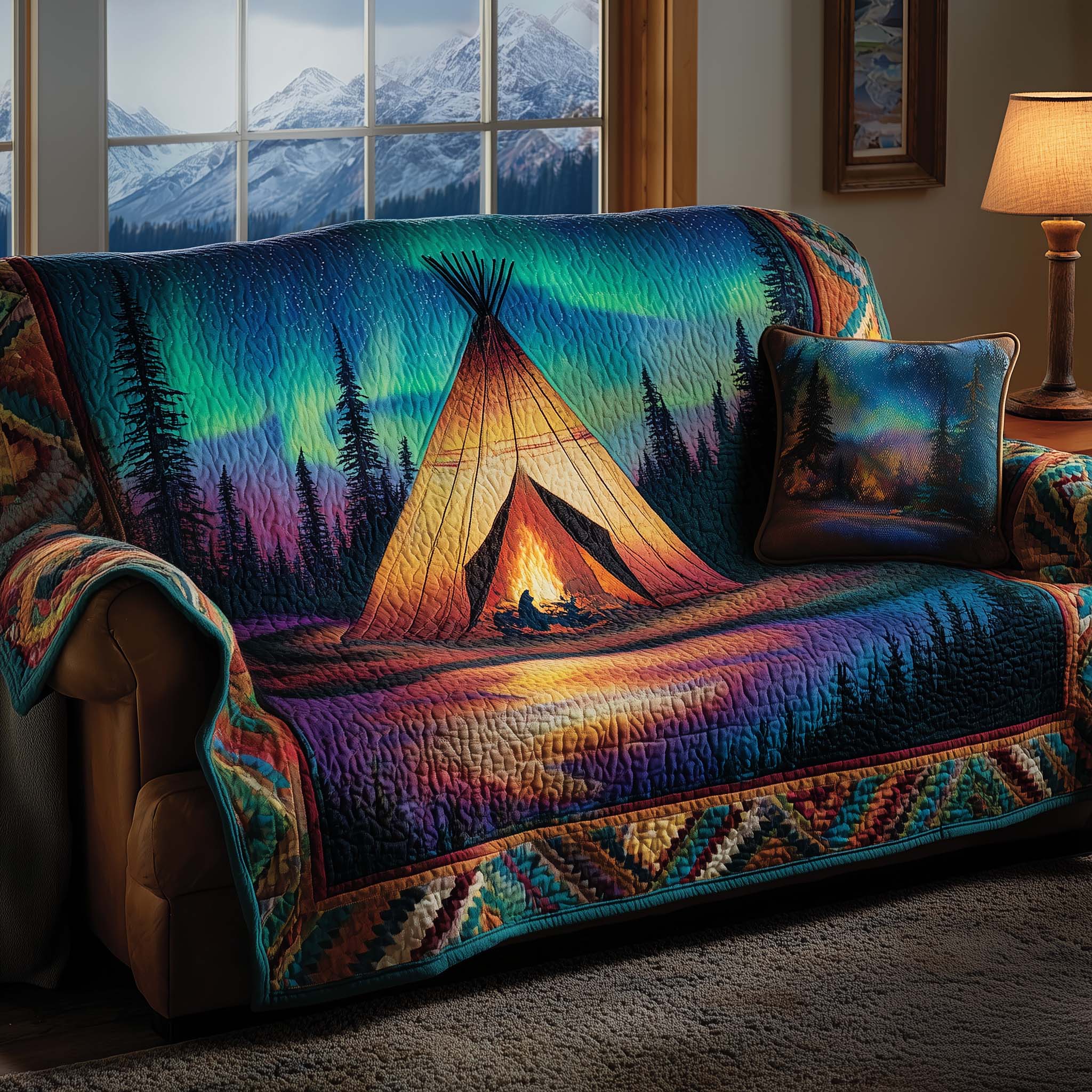 Sacred Aurora Quilted Sofa Cover Tribal Home Couch Cover Cozy Housewarming Gift Ideas - Tradiviet