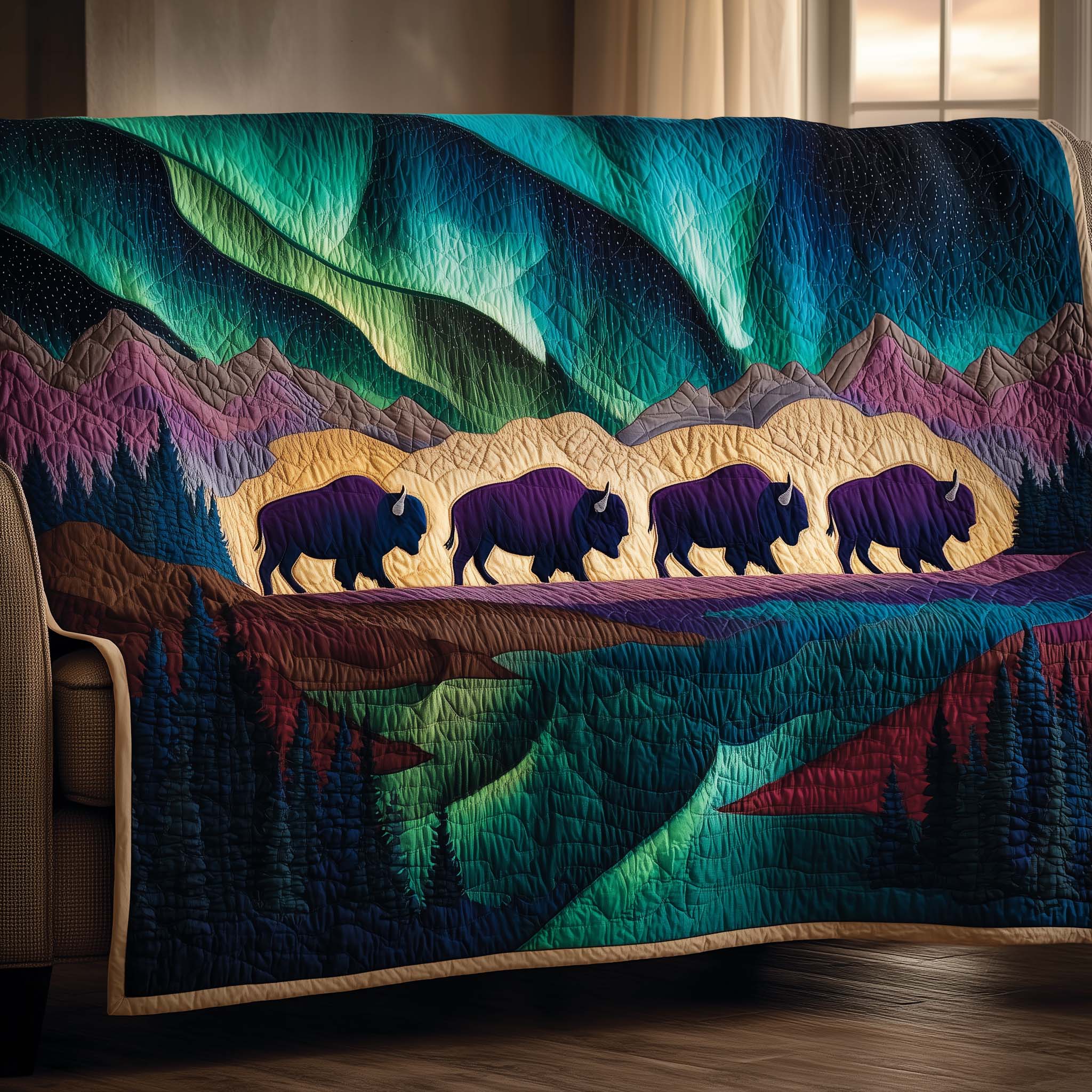 Sacred Aurora Quilted Sofa Cover Tribal Home Couch Cover Gift For House Lover - Tradiviet