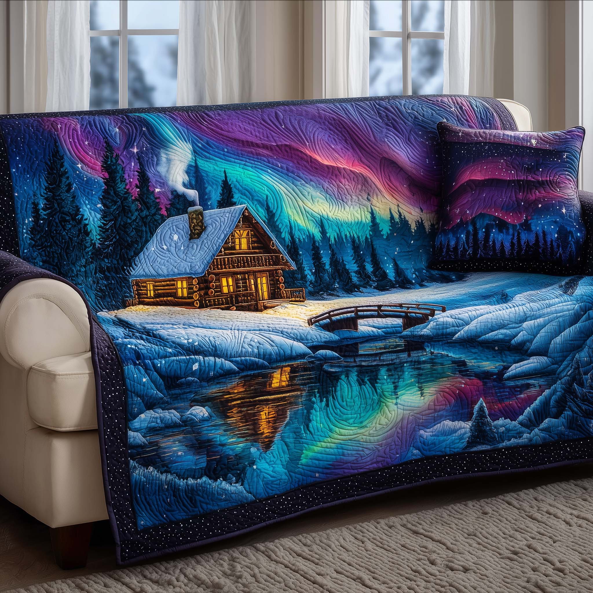 Sacred Aurora Quilted Sofa Cover Tribal Home Couch Cover Gifts For Deer Hunters - Tradiviet
