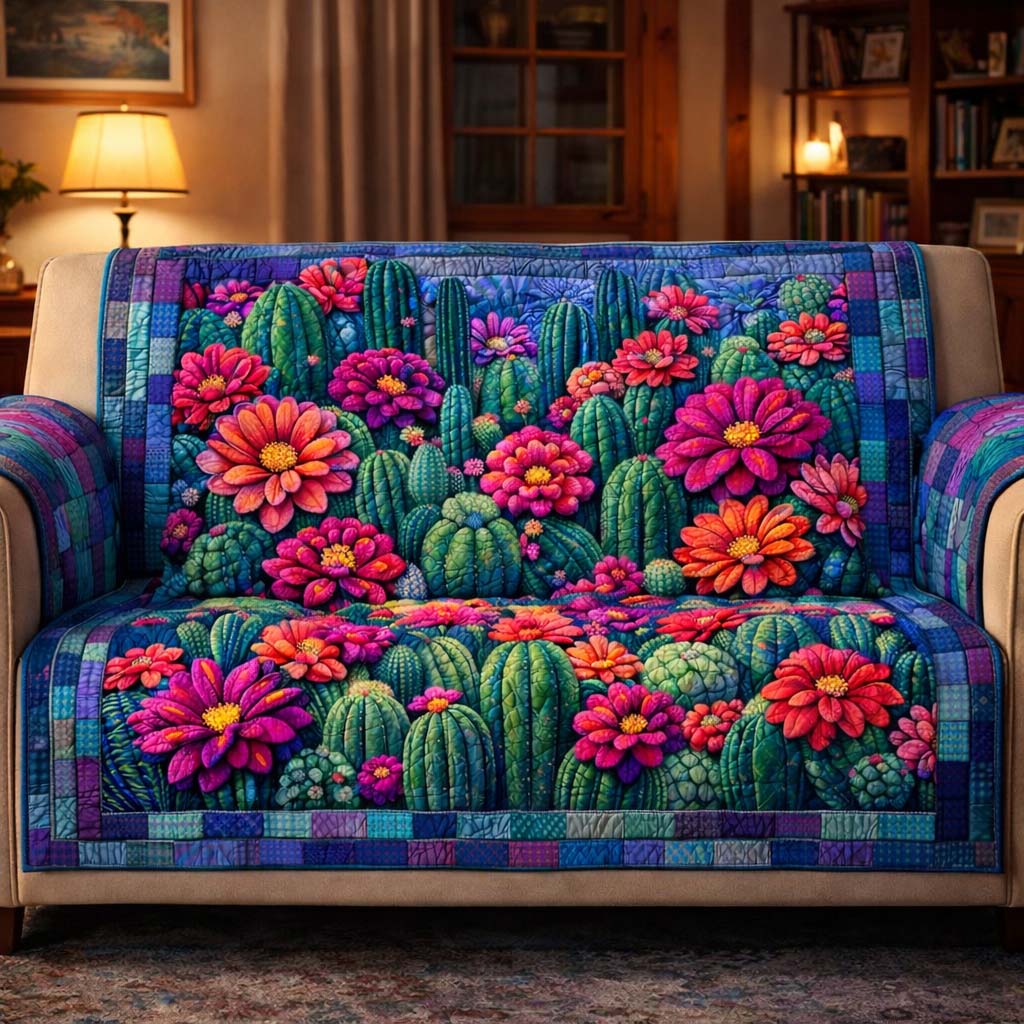 Sacred Cactus Quilted Sofa Cover Southwest Home Couch Cover Cozy Living Gift Ideas - Tradiviet
