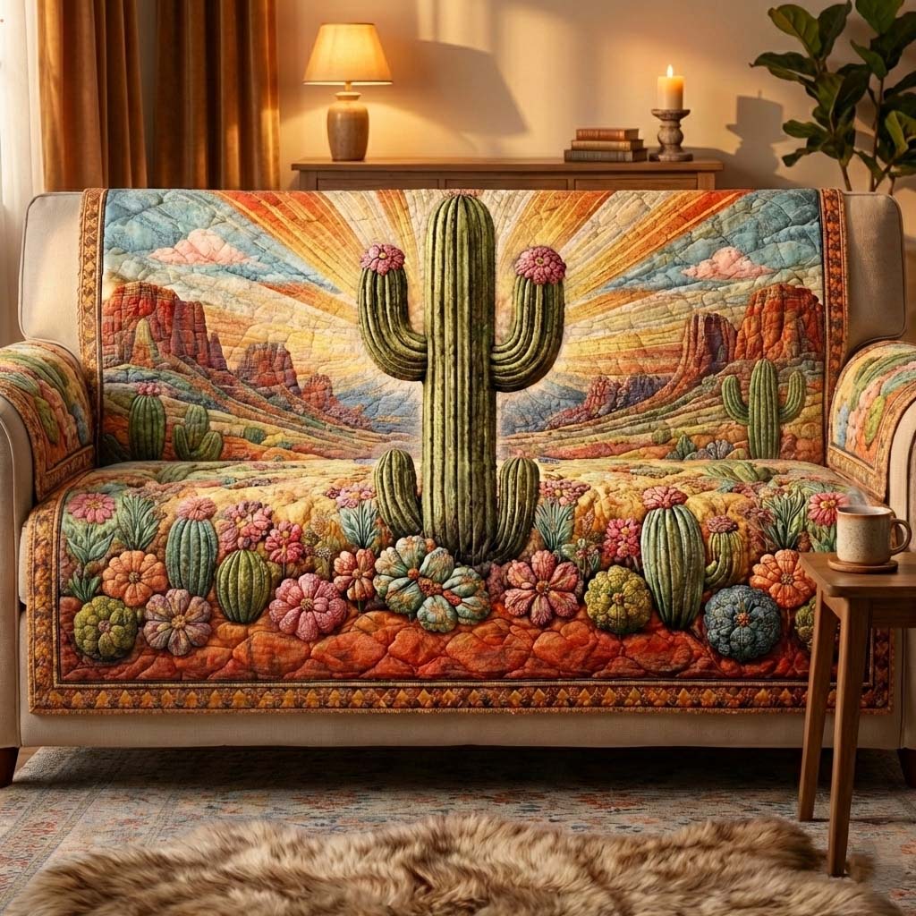 Sacred Cactus Quilted Sofa Cover Southwest Home Couch Cover Cute Room Decor Finds - Tradiviet