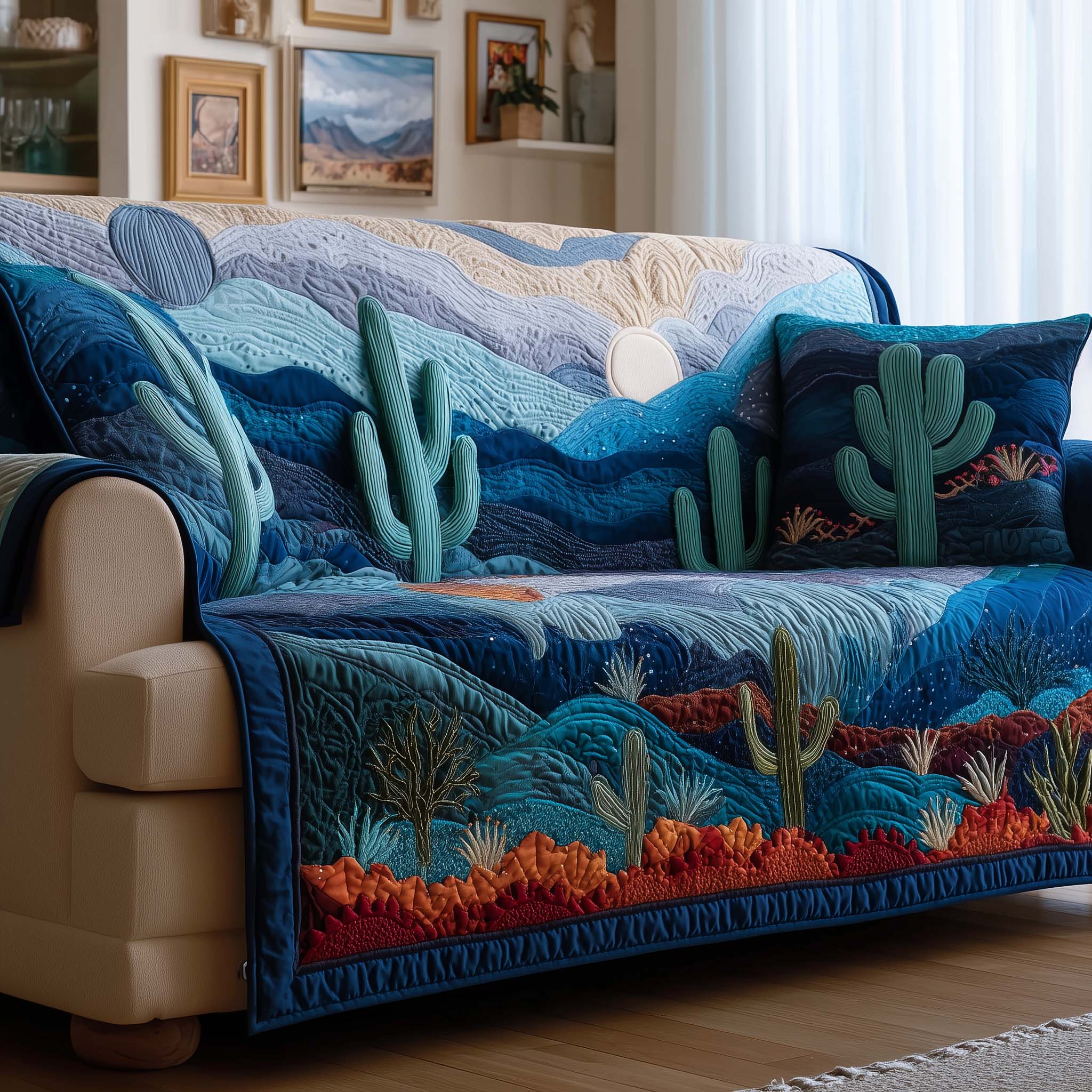 Sacred Cactus Quilted Sofa Cover Southwest Home Couch Cover Gift For Cozy Spaces - Tradiviet