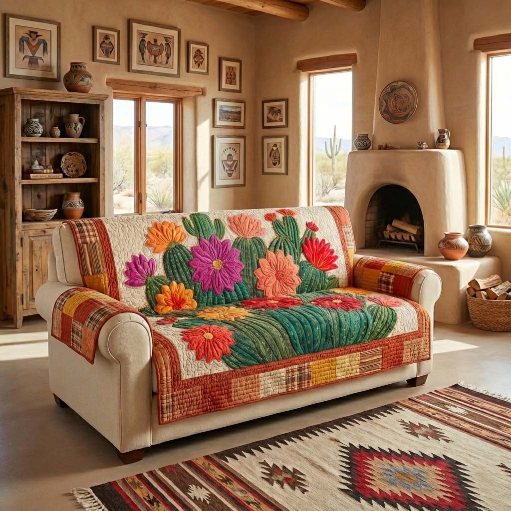 Sacred Cactus Quilted Sofa Cover Southwest Home Couch Cover Gift Ideas For Buffalo Lover - Tradiviet