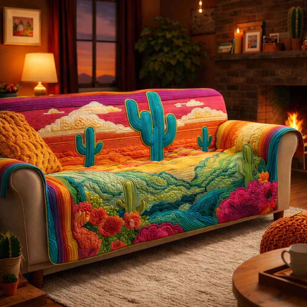 Sacred Cactus Quilted Sofa Cover Southwest Home Couch Cover Interior Design Gift Ideas - Tradiviet